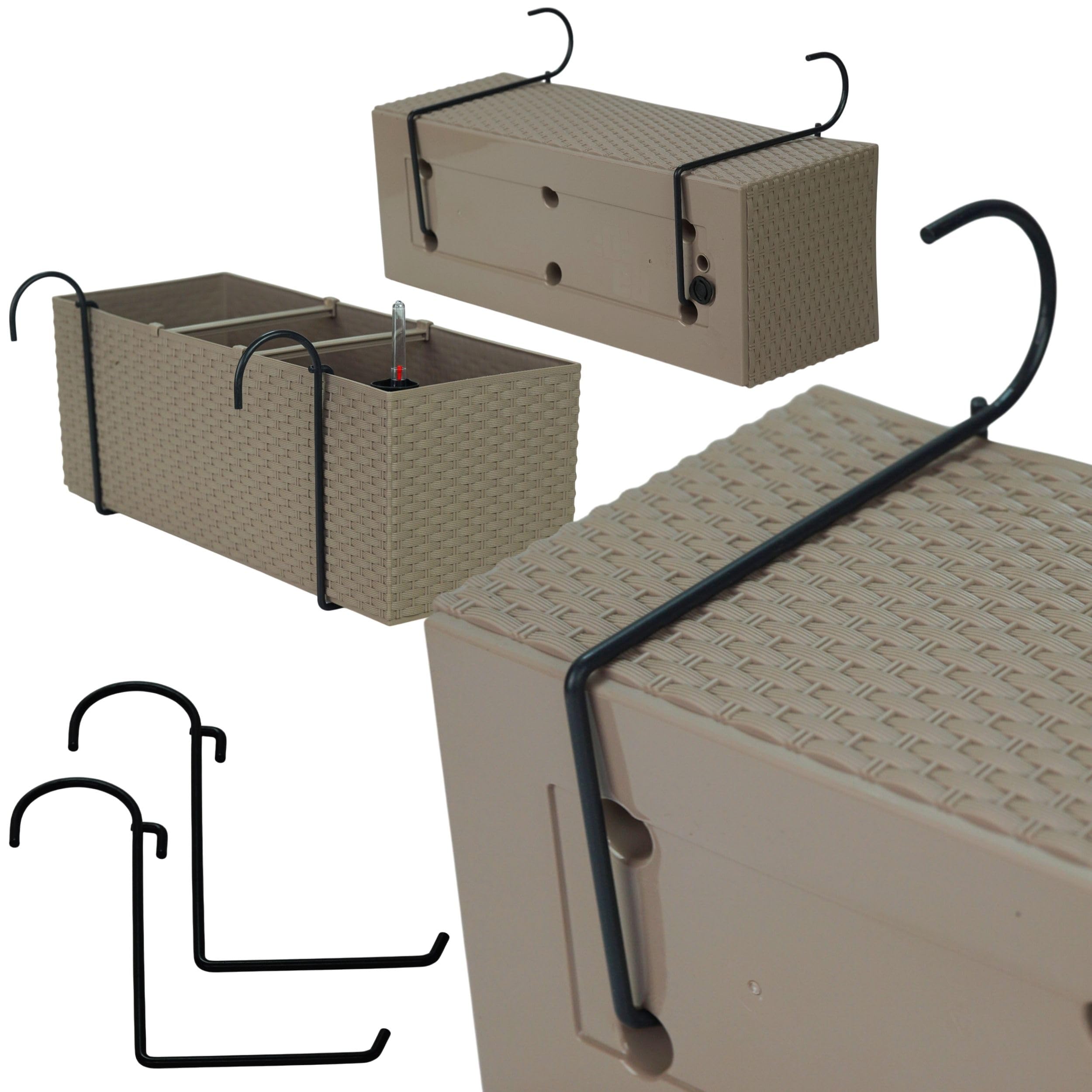 Juego de macetas para balcón 6 x 51 x 19 x 18,5 cm | Maceta de balcón con Aspecto de ratán | Maceta con asa, Soportes y Sistema de riego | Macetas para terraza | Jardinera de diseño Elegante | Mocca