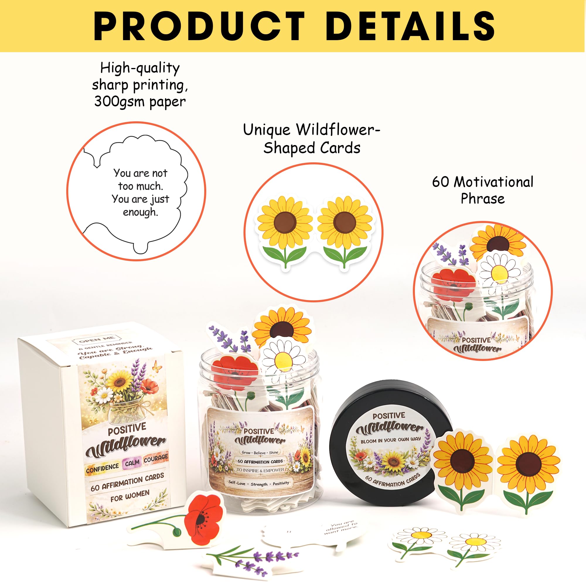 Birthday Gifts for Women, Positive Wildflower Affirmation Cards Jar – Sunflower Daisy Lavender Poppy Daily Affirmations, Encouragement Gift, Relaxation & Stress Relief Desk Decor