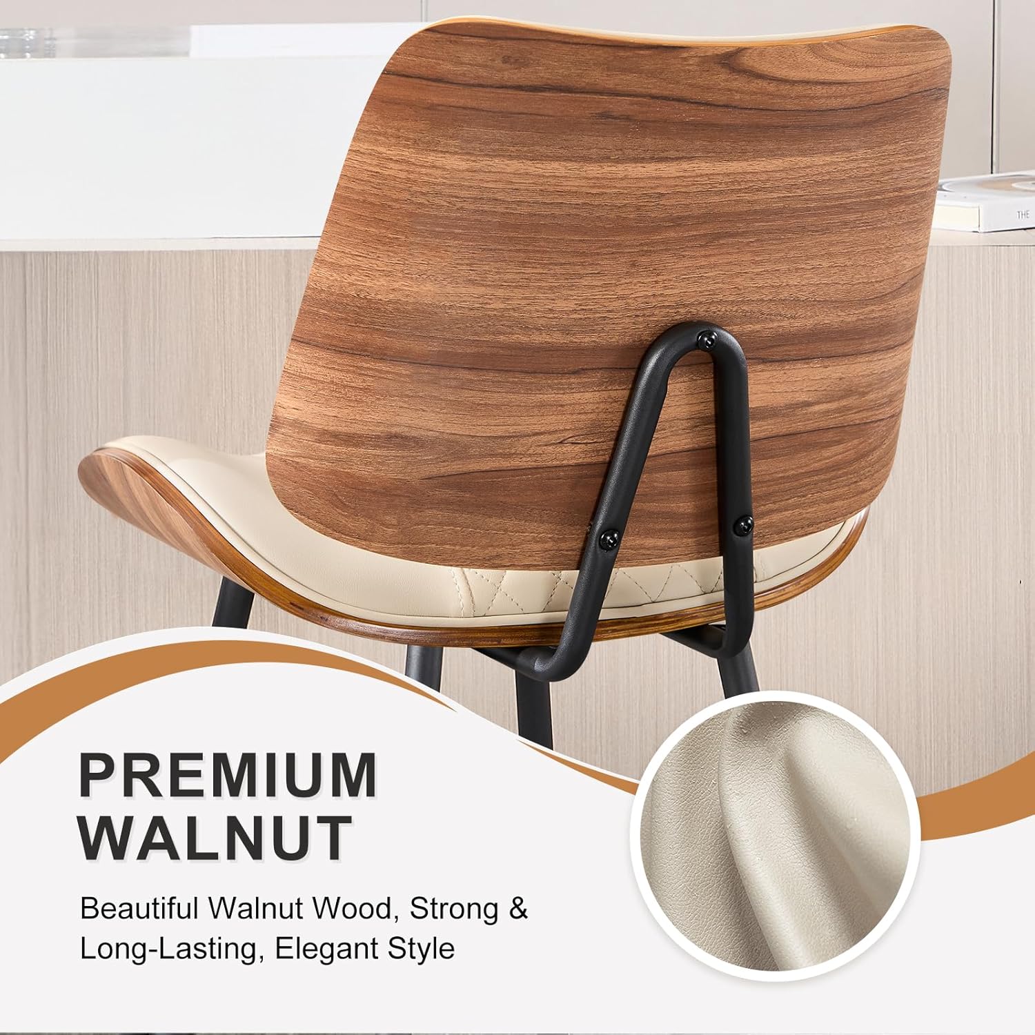 Counter Height Barstools Set of 2, 26.9" Armless Stools with Metal Legs, Walnut Pub Chair in Modern Style, PU Leather Bentwood Bar Chair for Home Counter, Kitchen Dining Island, Cafe(Beige)