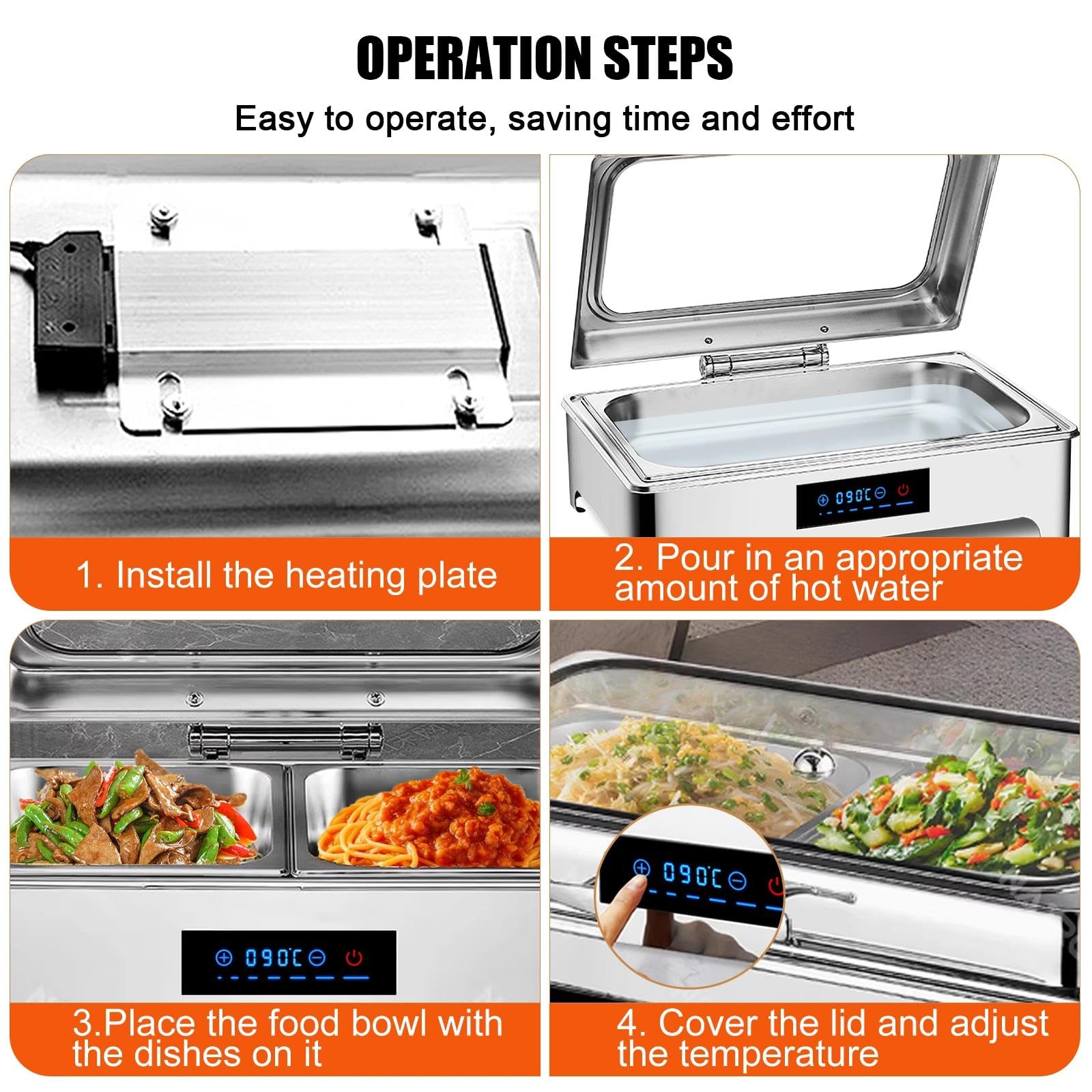 9L Calentador de Buffet de Acero Inoxidable, 400W 220V (1/1) | Chafing Dish Electrico, Calentador de Comida Buffet Electrico con Control Inteligente de Temperatura para Buffet, Catering