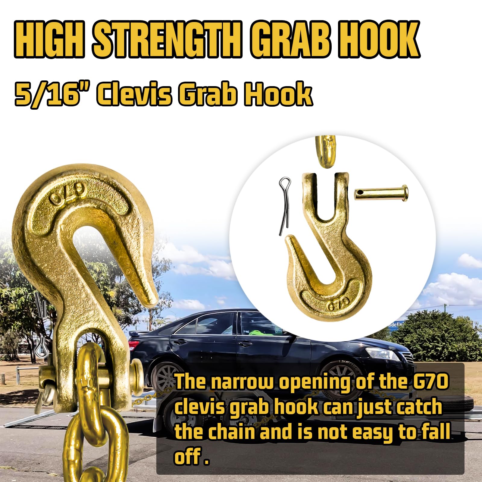 G80 Transport Binder Chain 5/16"×12 Ft|Lifting Chain With 4900 Lbs Working Load Limit Trailer Safety Chains With G70 Clevis Grab Hooks For Logging Truck Boat Tow Tie Down Binding Accessories