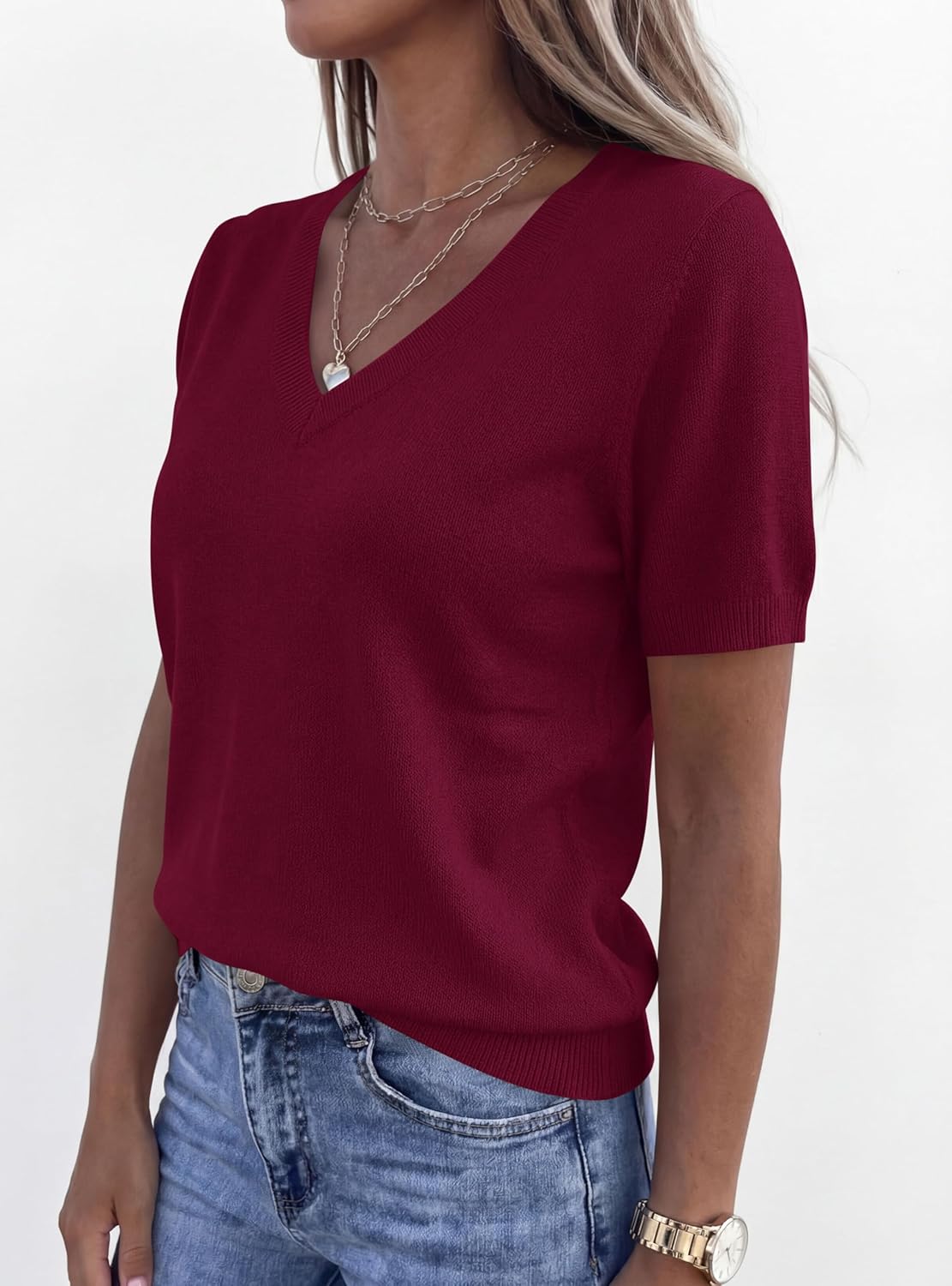 PRETTYGARDEN Womens Short Sleeve Sweater V Neck Trendy Pullover Tops 2026 Summer Spring Loose Lightweight Casual Blouse - Image 4