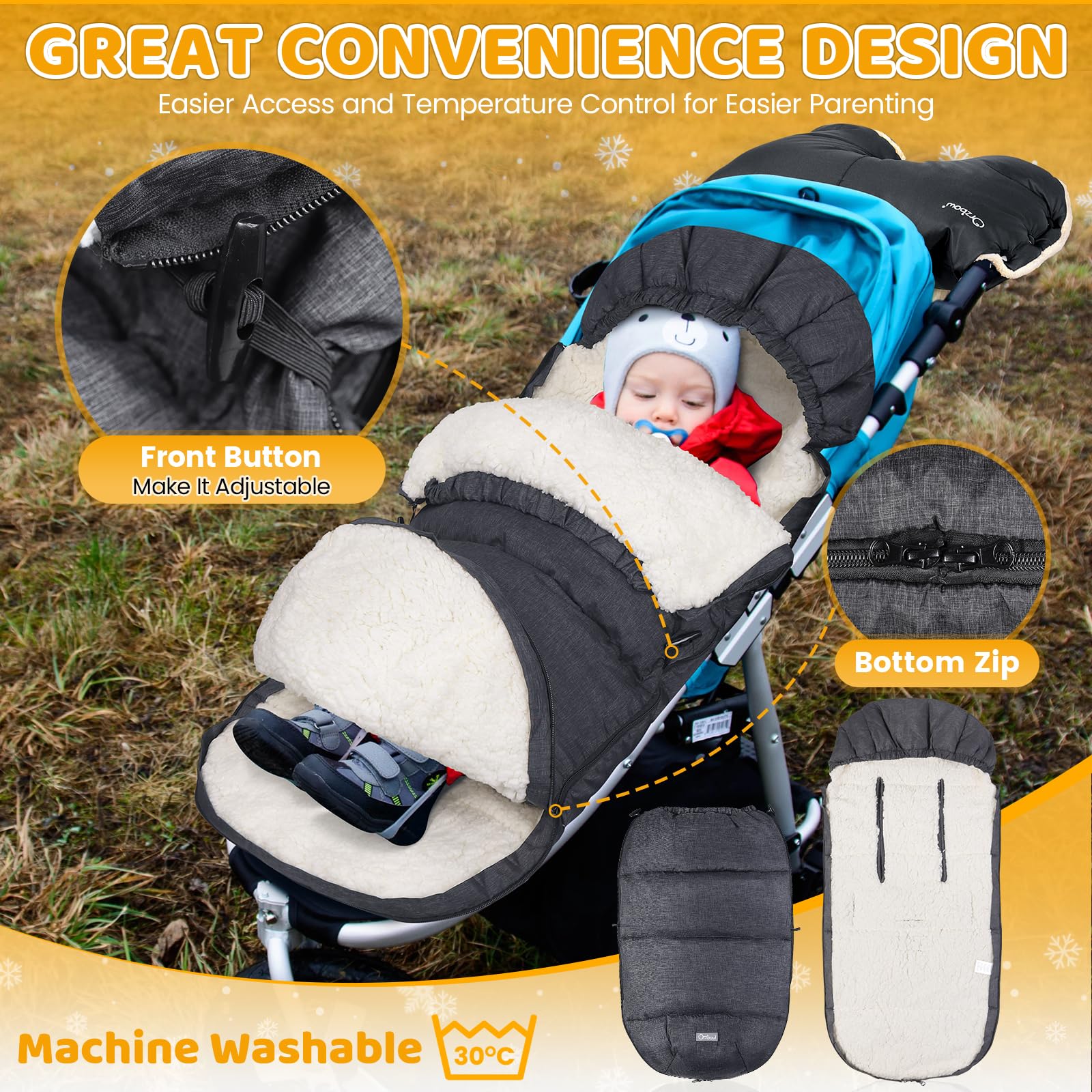 Orzbow Fußsack Kinderwagen Winter, Fußsack Buggy Fusssack Kinderwagen Baby Winter mit Wamres Sherpa Fleece, Reißverschluss, Abnehmbar, Universelle & Wasserdicht, Maschinenwaschbar, Dunkelgrau