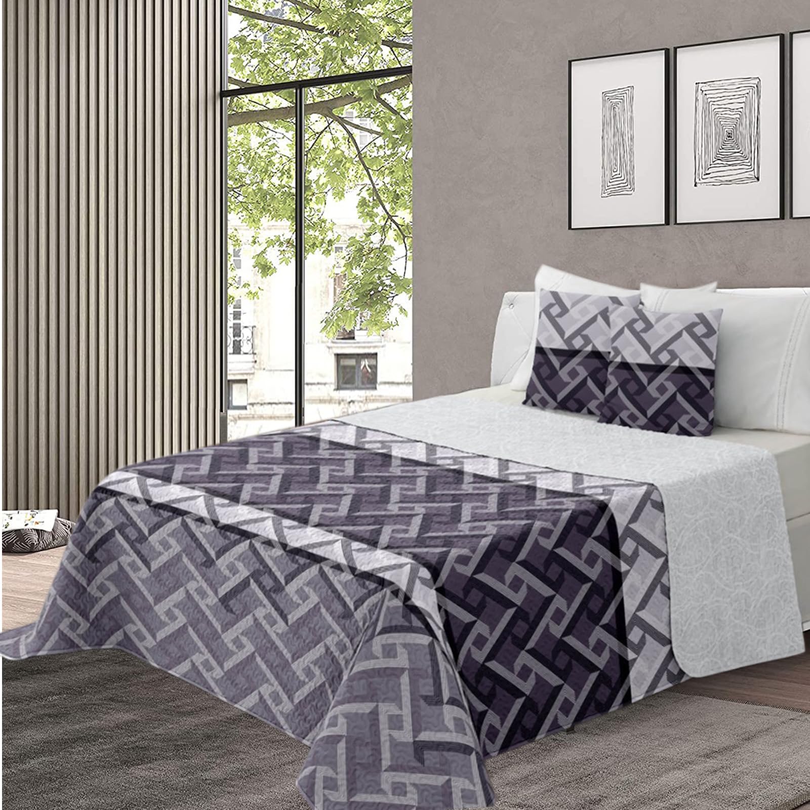 various - Colcha Bouti Estempada para Verano y Premivera,Reversible Color de Lila + 2 Funda Cojin 50x70 cm,Colcha Cubrecama Ligera Fina,Entretiempo 100% Poliéster. (Cama 135-230 x 260cm)