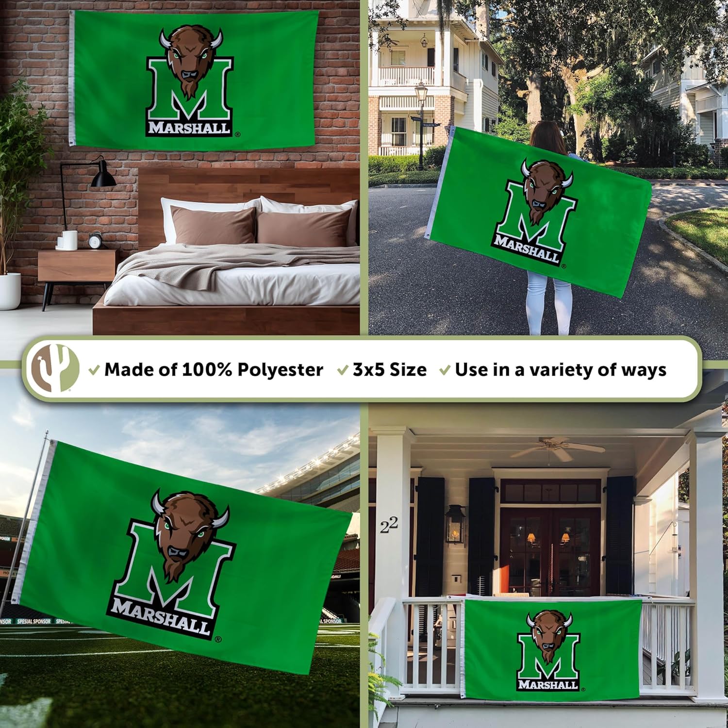 Desert Cactus Marshall University MU Flag - 3 x 5 Feet Thundering Herd Banner, Indoor/Outdoor Durable Fabric, 100% Polyester Design (Style 1) - Image 3