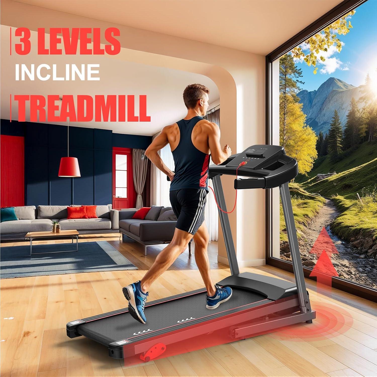 Man running on treadmill with incline arrows