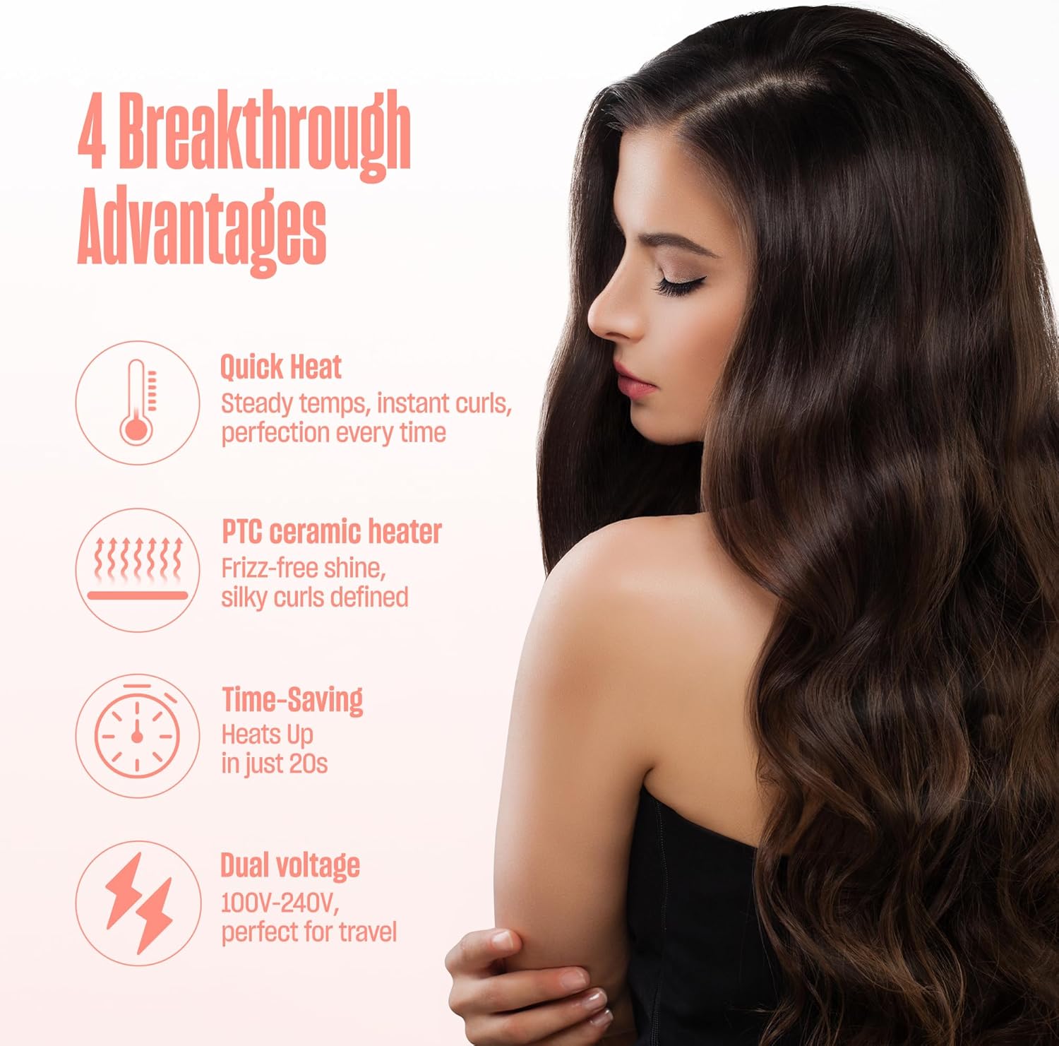 Curliq PTC Ceramic 1.25 Inch Curling Iron by BeKind, Extra Long Barrel 1 1/4 Inch Curling Wand for Long Hair Up to 430F°, Dual Voltage Hair Curler for Women, Hair Styling Tools