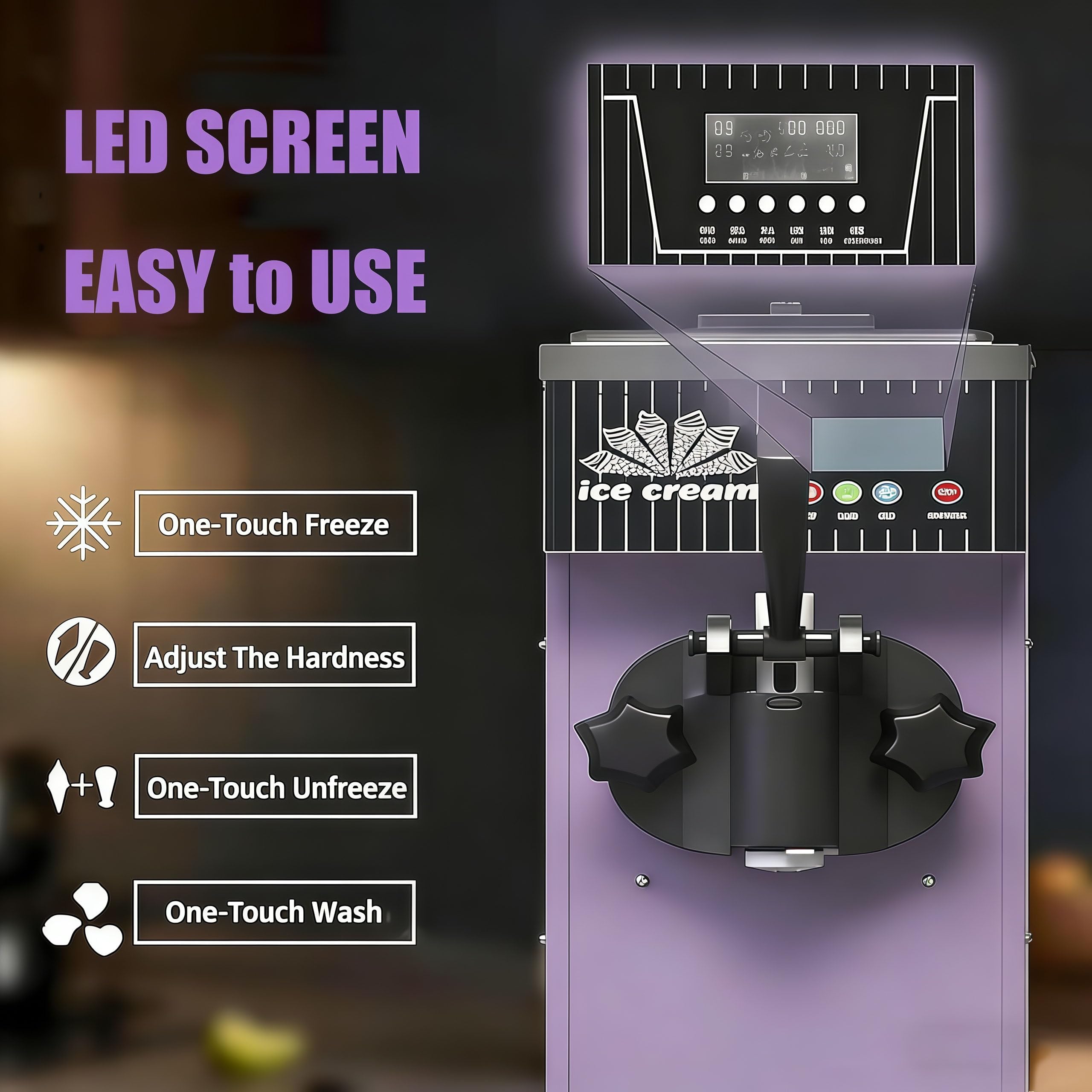 MáQuina Helado,Profesional Heladera Soft Serve,MáQuina de Helado de Un Solo Sabor, Rendimiento de 7,5 L/H, Preenfriamiento,Autolimpieza,Panel LCD para El Hogar Y Negocios. Purple