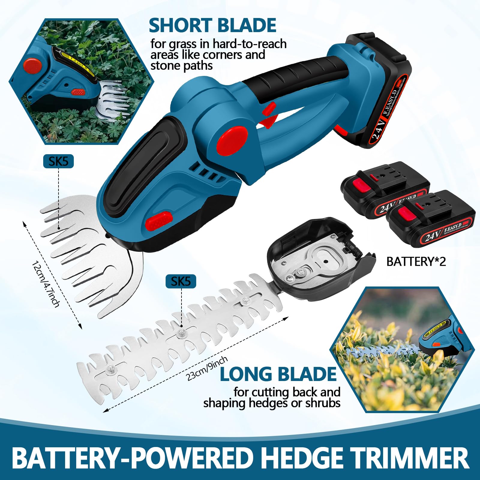 Sécateur Rocky&Chao Taille-haie et cisaille à Gazon sans Fil 24 V 2 en 1 avec 2 Batteries de 1500 mAh, Lames SK5 de 12 cm/23 cm