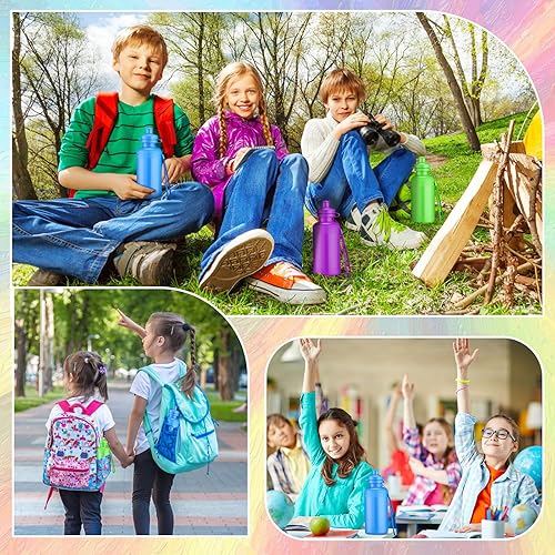 Miniatura 4 de Bokon 60 botellas de agua a granel de 18 onzas para niños, botellas de agua reutilizables de plástico deportivo con correa, botellas de agua de neón