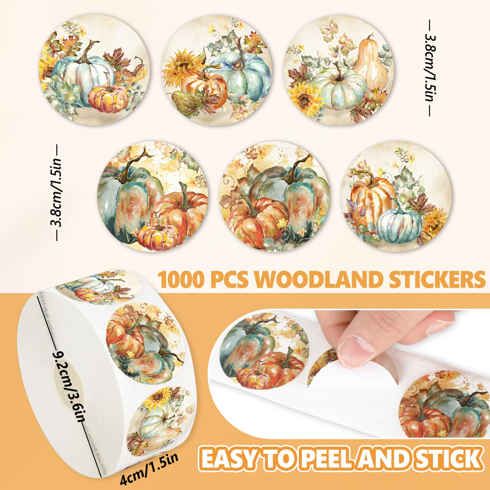 JarThenaAMCS 1000Pcs Fall Pumpkin Thank You Stickers - Watercolor Floral Decals, 1.5", Self-Adhesive For Envelopes & Crafts