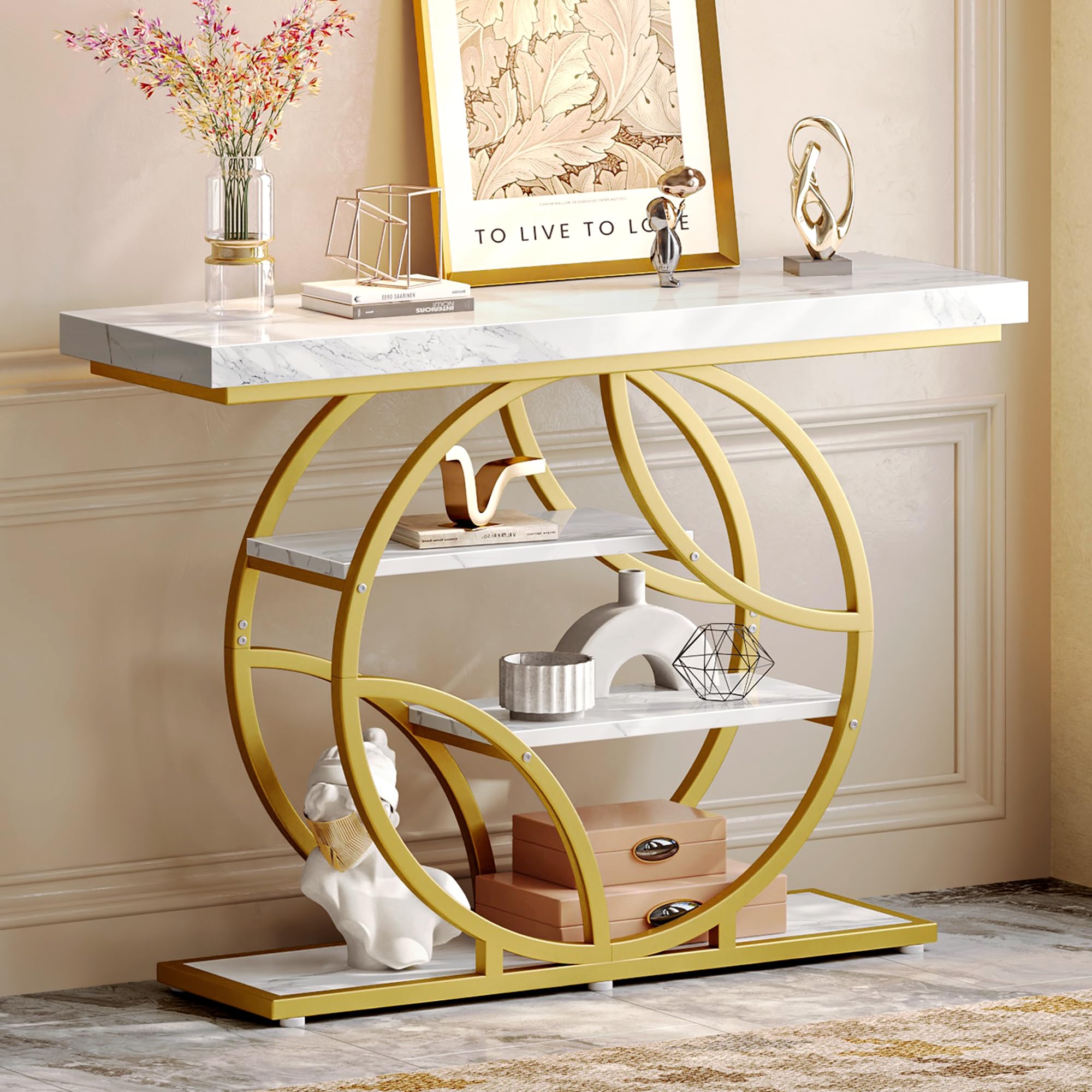 Photo 1 of **** COSMETIC DAMAGE*** Huuger 41.3 Inch Entryway Table with Marble Top, Modern Console Sofa Table, Accent Table with Shelves, for Entry, Hallway, Entrance, Foyer, O-Shaped Metal Frame, White Marble & Gold
