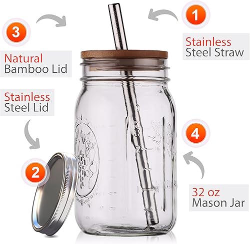 Tazas reutilizables de té y licuado de burbujas Boba – 2 tarros de vidrio de boca ancha de 32 onzas con tapas de bambú – 2 popotes Boba