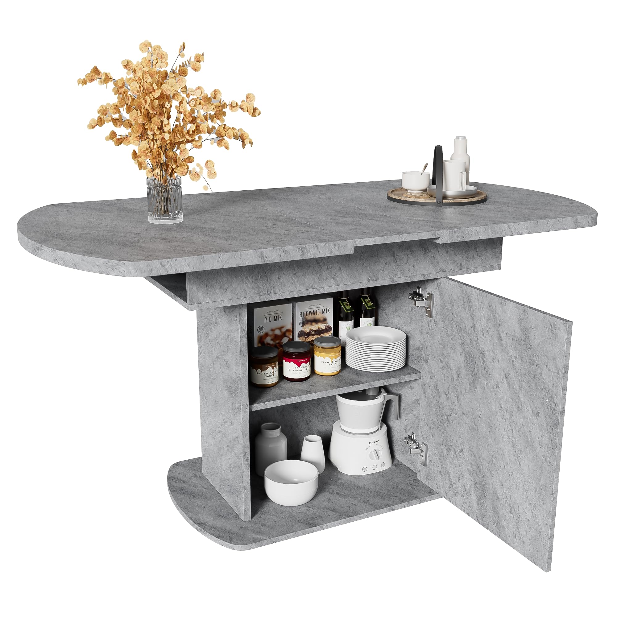 Tavolo da pranzo ovale allungabile 110/130 cm, moderno tavolo da cucina multifunzione con vano portaoggetti, grigio/argento