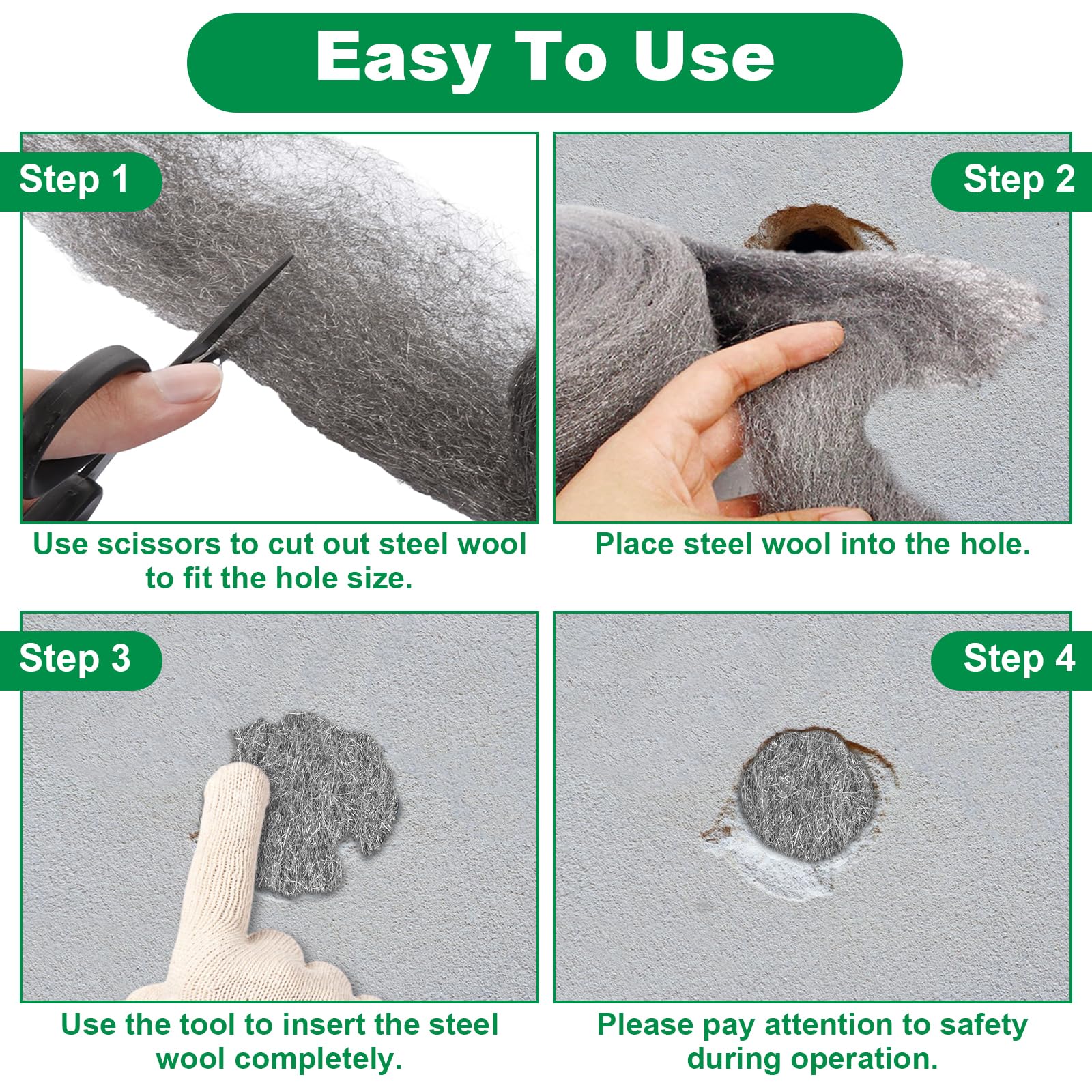 9 Pcs Steel Wool Fill Fabric DIY Kit Steel Wire Wool Coarse Polishing 1 Pair Gloves Scissors Cleaning Holes Siding Pipeline Garage House Workshop Roll X 10 Feet - View #9