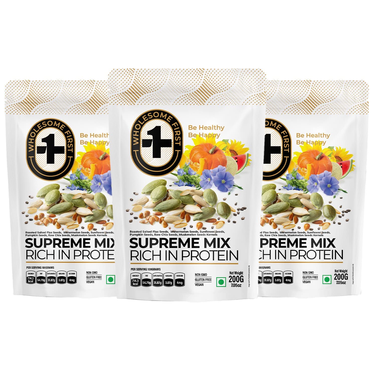 Wholesome First | Supreme Mix | Flax Seeds | Watermelon Seeds | Sunflower Seeds | Pumpkin Seeds | Raw Chia Seeds | Muskmelon Seeds Kernel 200g - Pack of 3 (B0BVSYSGKV) Amazon Price History, Amazon Price Tracker