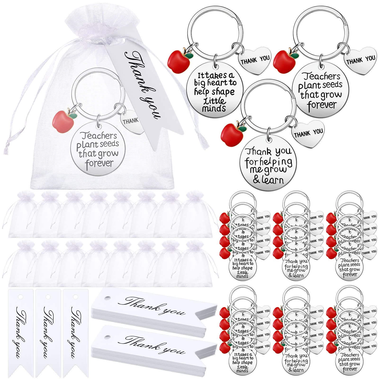 Kigeli 72 Pcs Teacher Appreciation Keychain Gift 2026 Thank You Teacher Keychain with 24 Appreciation Tags White Organza Bags