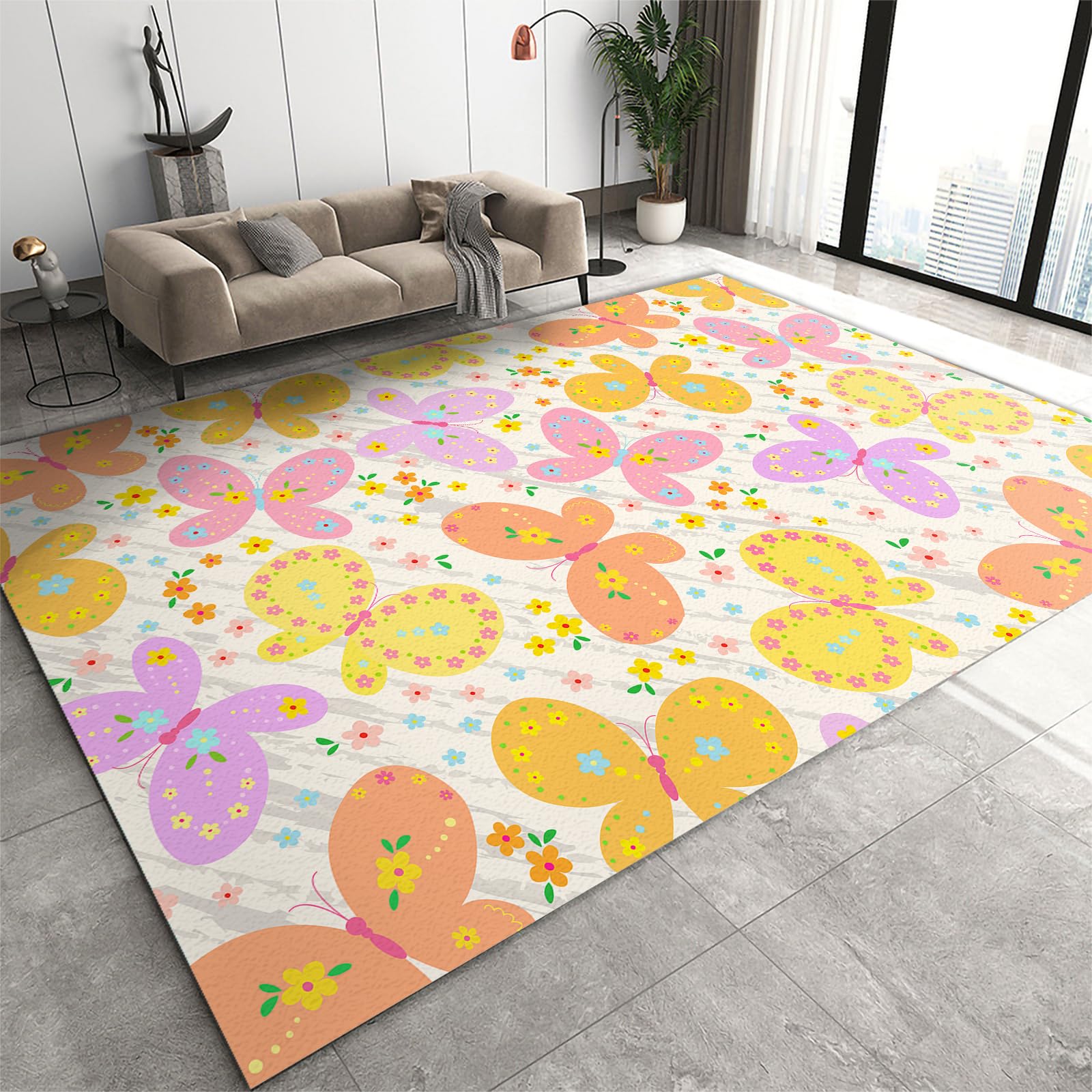 FIEMAR Area Rug 50x80cm Kids Rugs for Playroom, Cute Cartoon Butterfly Print Bedside Dorm Area Rug, Indoor Floor Carpet Machine Washable Non Slip Easy Care Pet Friendly for Entryway Bedside Sink