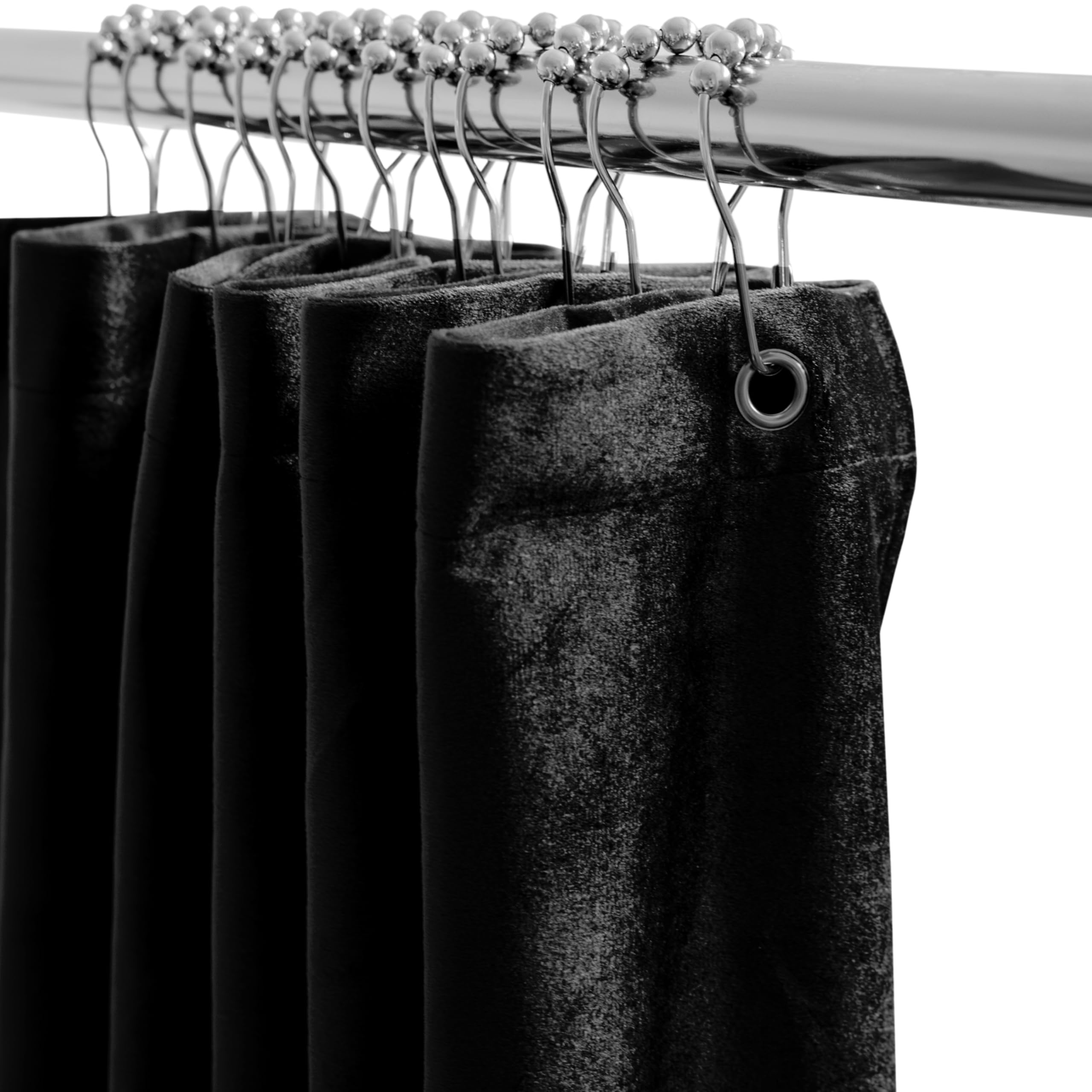 Velvet Shower Curtain with Built-In Storage Pockets - Heavy Duty Washable Shower Liner with Pockets - Water Resistant Luxury Shower Curtains for Bathroom, Includes Rustproof Hooks - 72x72, Black
