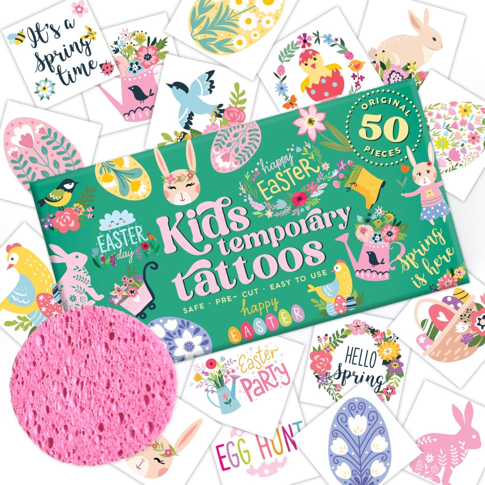 Easter Kids Temporary Tattoos – Pre-Cut, 50 Pcs Original Kid Tattoos + Water Sponge | Easy to Apply & Remove | Non-Toxic, Waterproof, Skin-Safe |