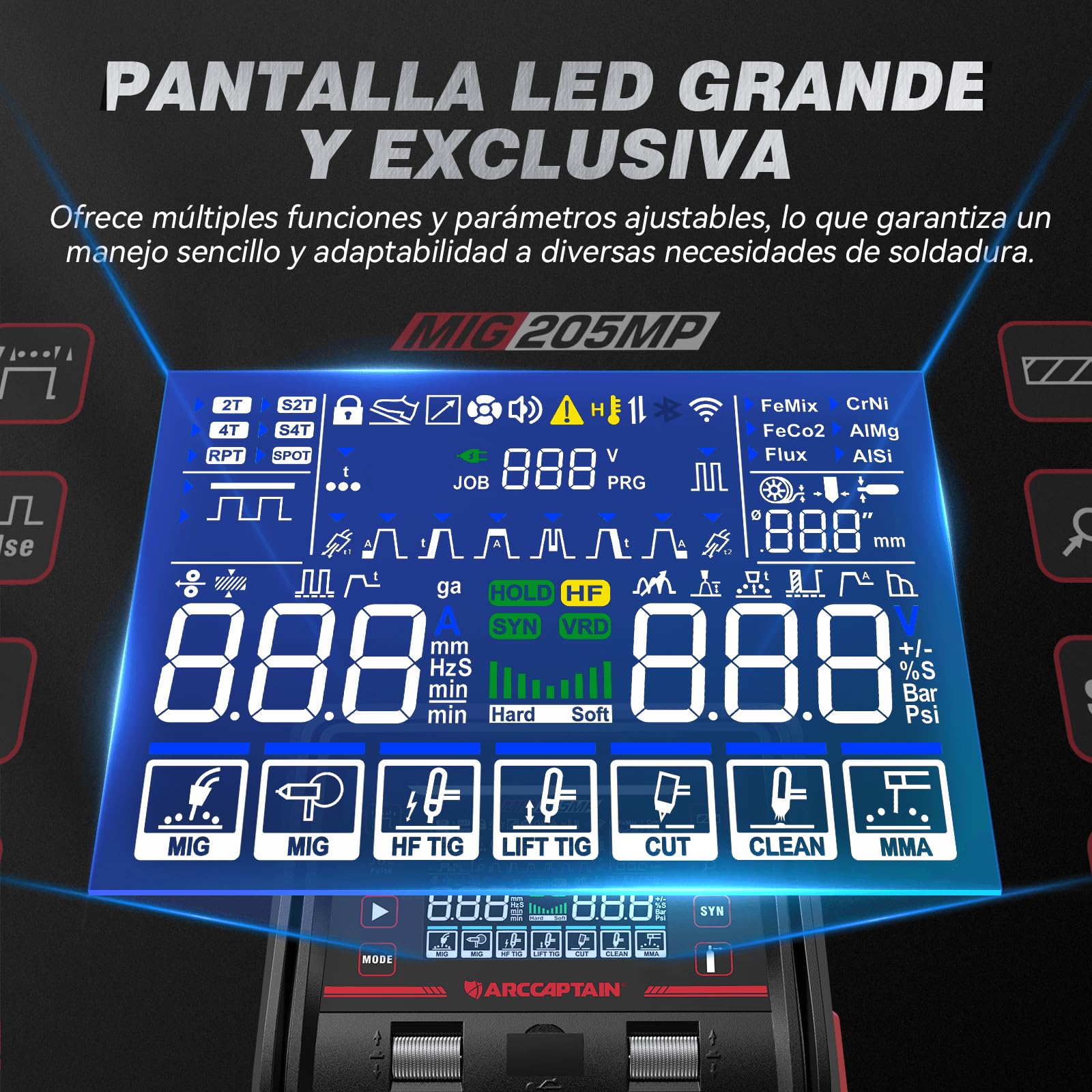 ARCCAPTAIN MIG205MP Soldadora 9‑en‑1 con control APP iControl/Plasma Cutter/Pulsed MIG/Flux Core/Spool Gun/DC HF/Lift TIG/Clean/MMA para aluminio 230 V multifunción