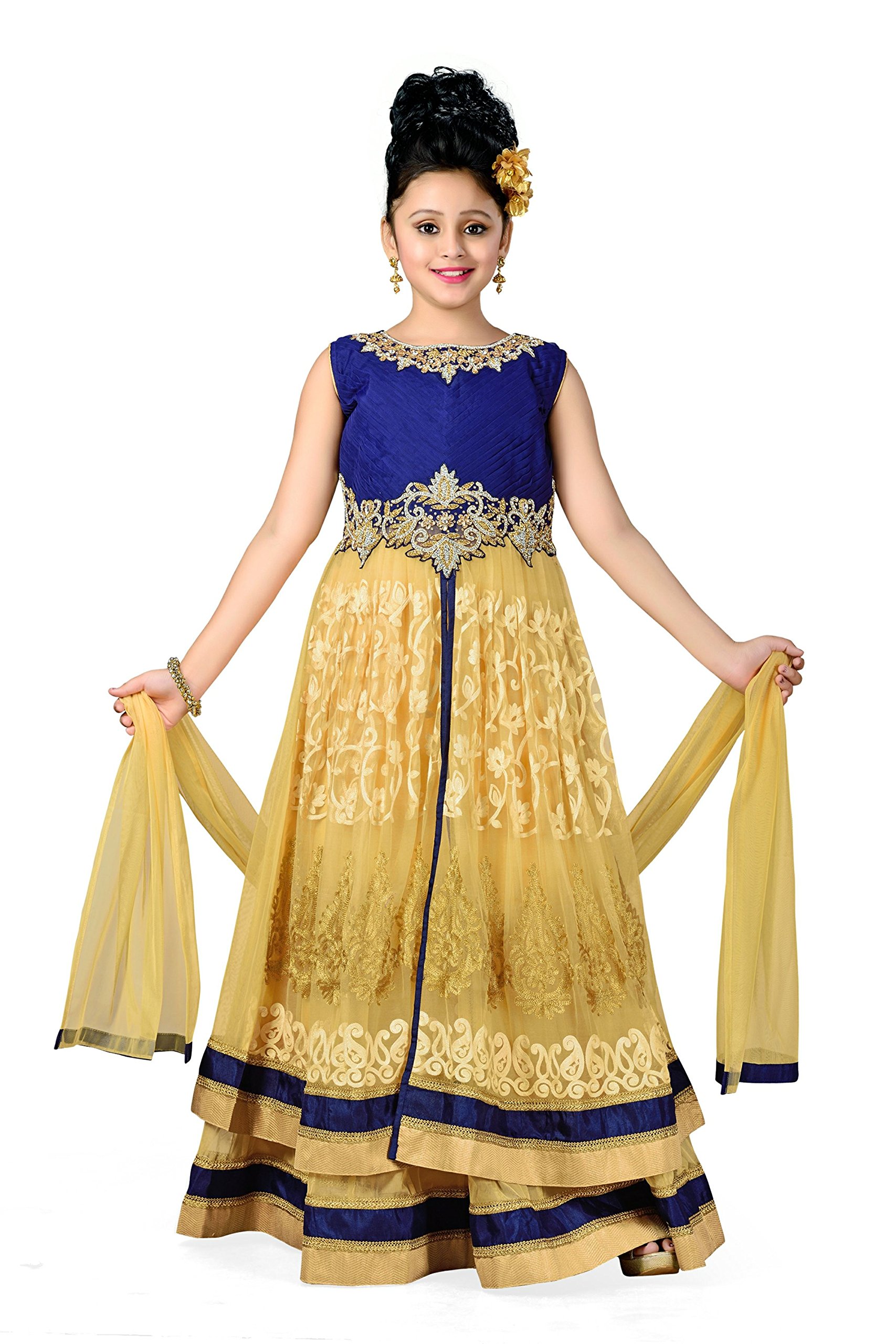 aarikkaGirl's Golden & Blue Churidar Set, Lehenga and Dupatta Set