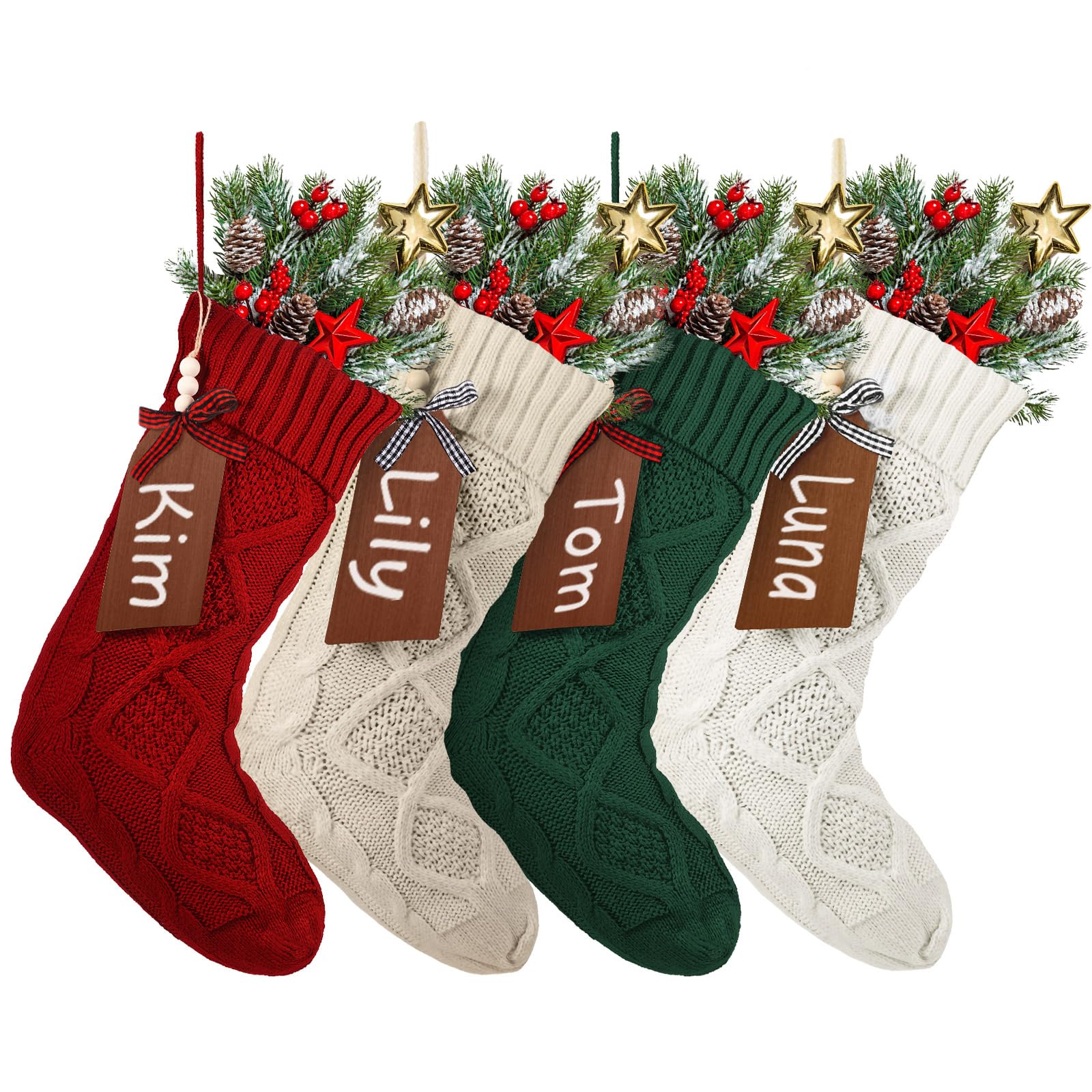 Aoriher Lot de 4 grandes chaussettes de Noël avec étiquettes nominatives en bois à faire soi-même, 45,7 cm, décorations de Noël à suspendre avec étiquettes de Noël (rouge, beige, vert, kaki)