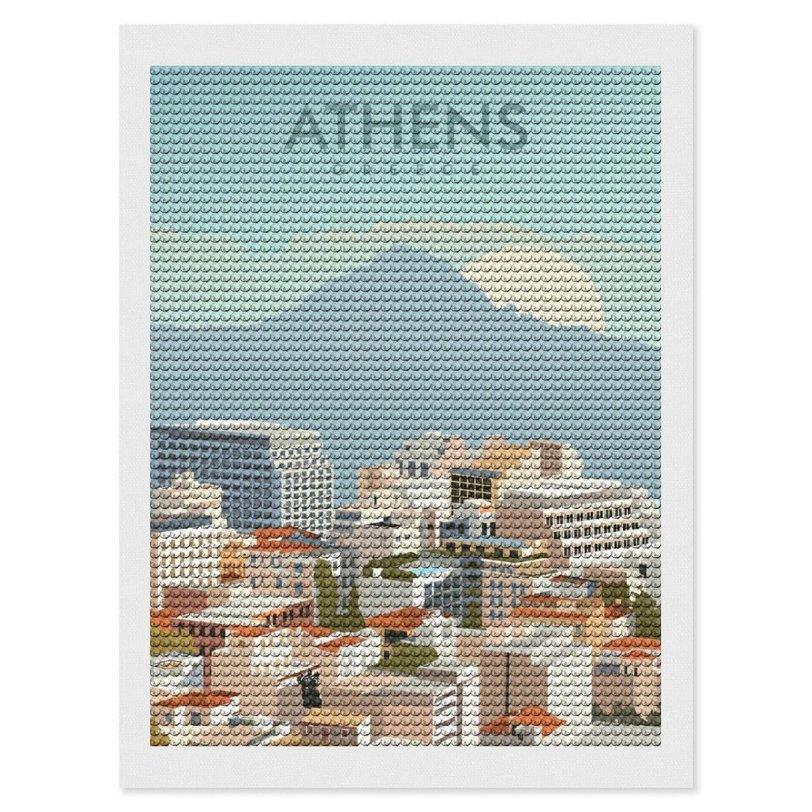 Junmoney Athens Greece Travel Print Round Drill Diamond Painting 12"x16", for Adults, Creative Leisure Activity, Office Decor, Holiday Gift Idea