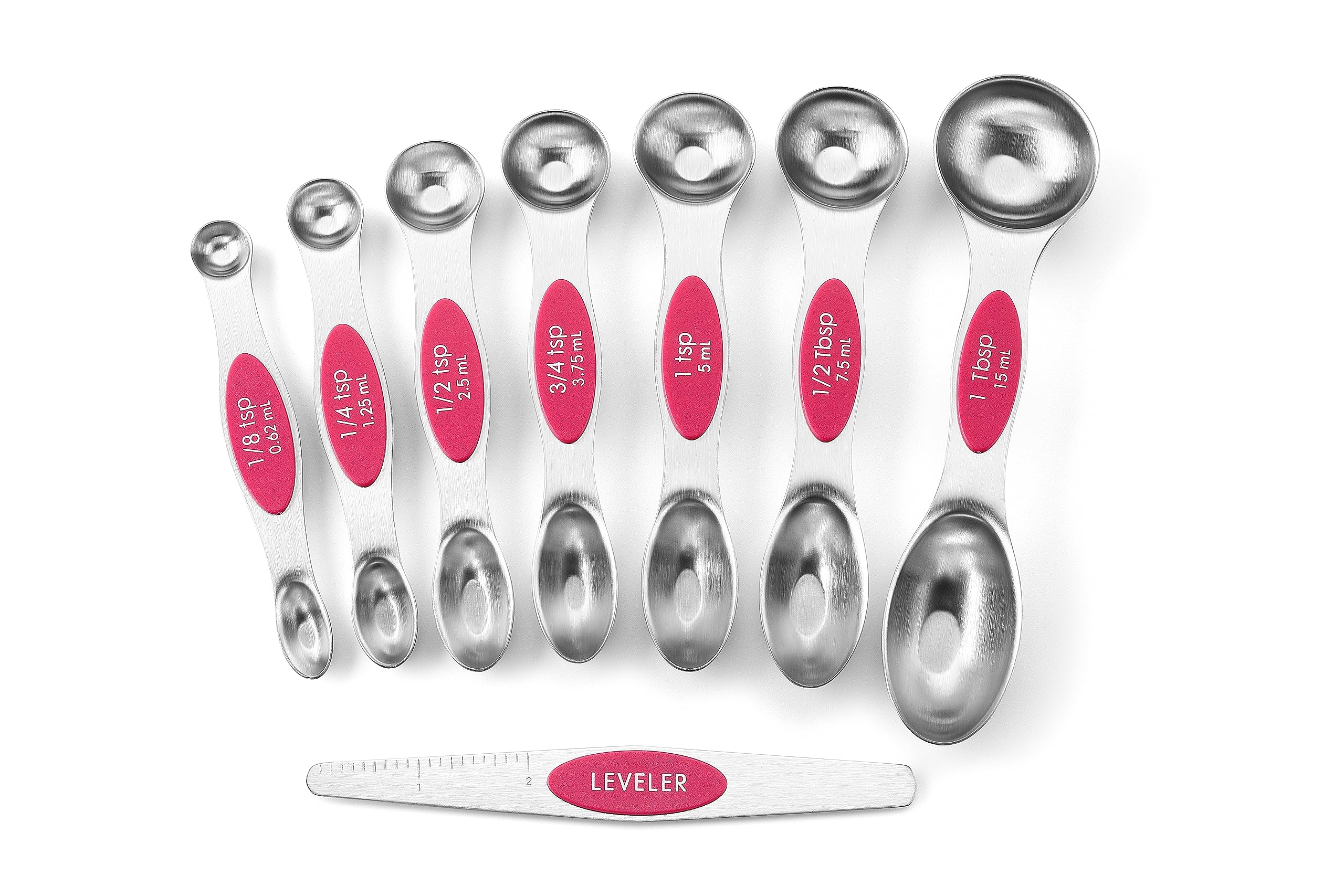 Spring Chef Pink Stainless Steel Magnetic Measuring Spoons Set of 8 with Leveler, Dual Sided Teaspoon & Tablespoon Measuring Set for Dry and Liquid Ingredients, Kitchen Gadgets for Baking & Cooking