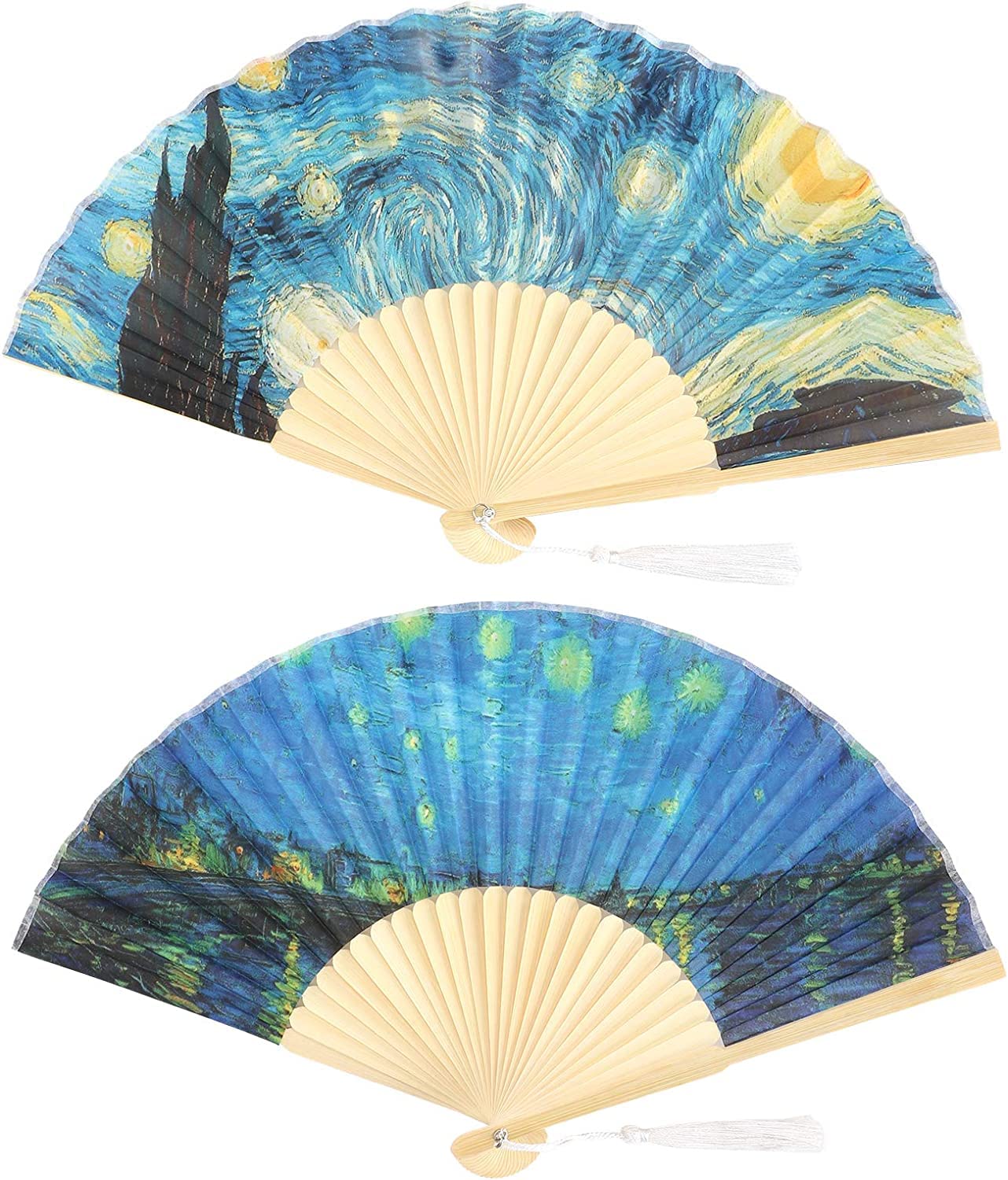 SYOSI Folding Hand Fans Set of 2, Bamboo Silk with Starry Night Design, Elegant Tassel Decor, Perfect for Parties, Gifts, and Home Decoration, Inspired by Famous European Art