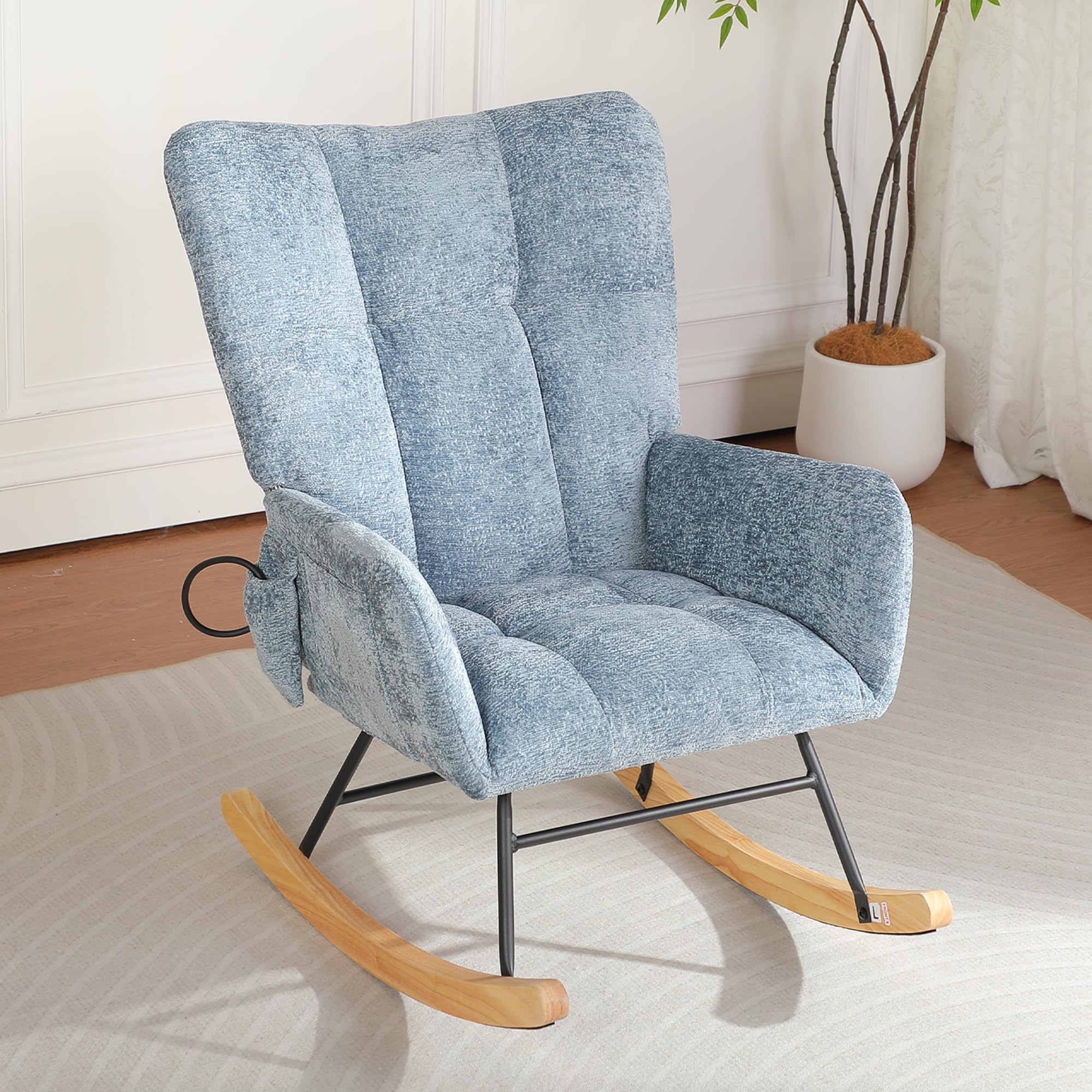 Rocking Chair Nursery with Airbag, Comfy Modern Nursery Rocking Reading Chair indoor, Cozy Upholstered Glider Rocker Chairs for Living Room Bedroom Offices, Sillas Mecedoras(Chenille, Blue)