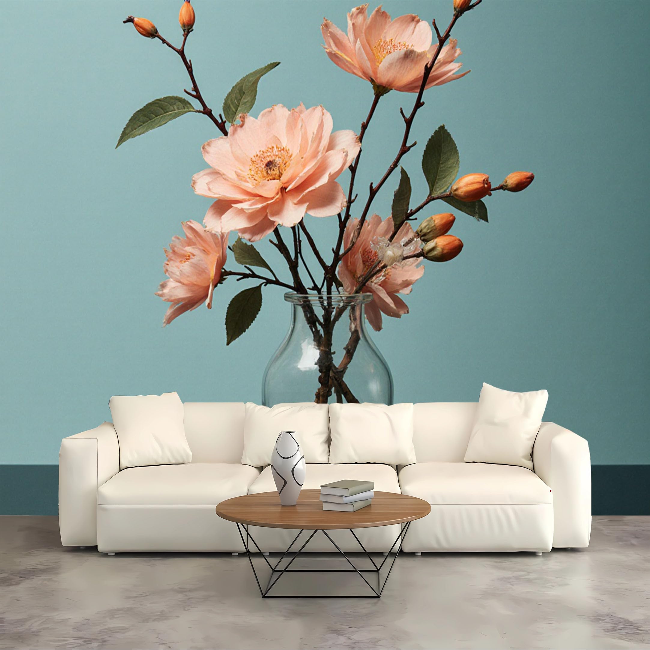 Custom Size Wall Murals,Peach Floral Art - Teal Background, Glass Bottle, Branches,Self-Adhesive Wall Fabric (NO PVC),Removable Wallpaper for Living Room Bedroom Office Kids