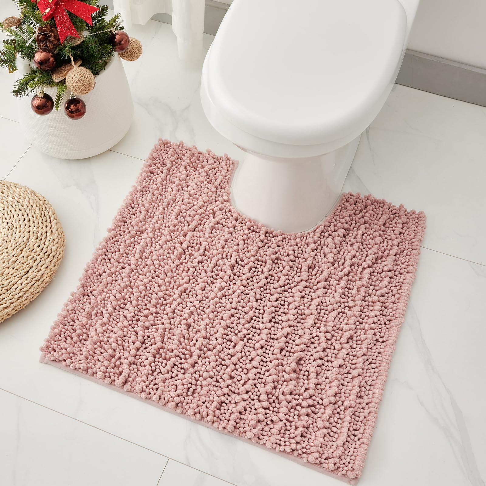 Chenille 24x24 Toilet Rug U‑Shaped Non‑Slip Absorbent, Pink