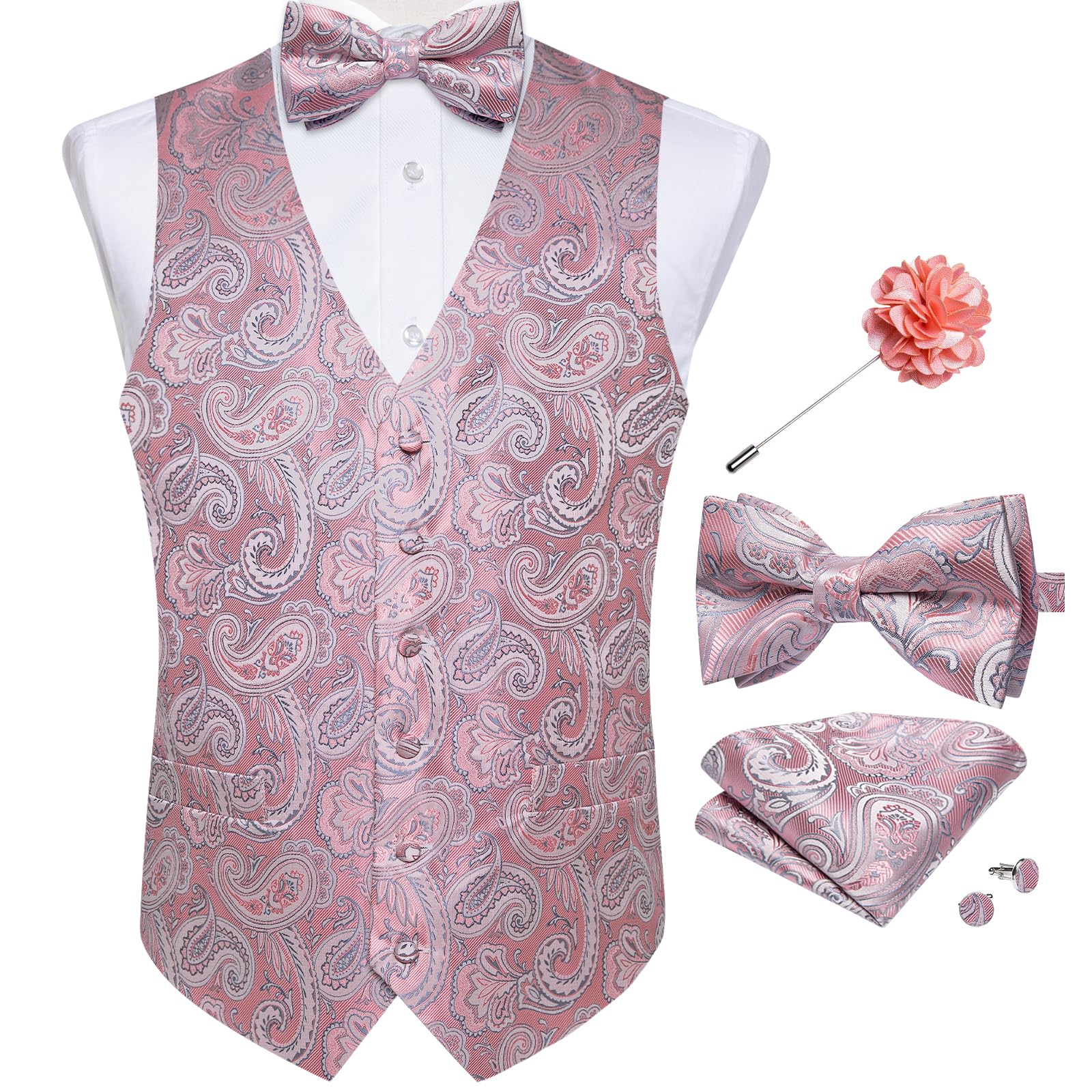 DiBanGu Mens Paisley Suit Waistcoat,Silk Dress Vest and Bowtie Pocket Square Cufflinks with Lapel Pin Set for Wedding Tuxedo, Blush Pink, Medium