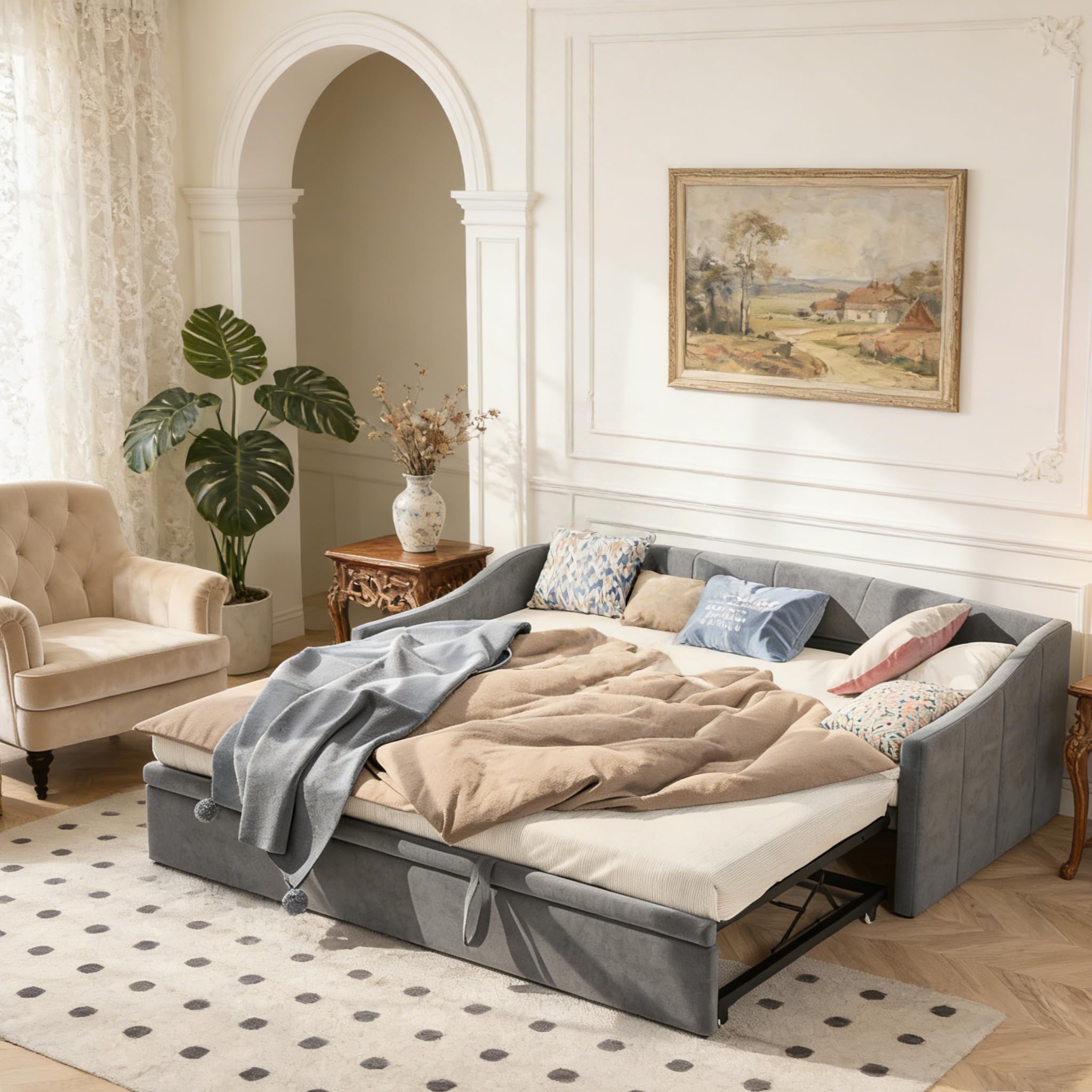 Divano Letto 2 Posti 90/180 x 200 cm, Divano Letto Convertibile, Letto Imbottito con Sommier a Doghe, Divano Letto Estraibile, Rivestimento in Velluto, Grigio (senza Materasso) (Grigio-A)
