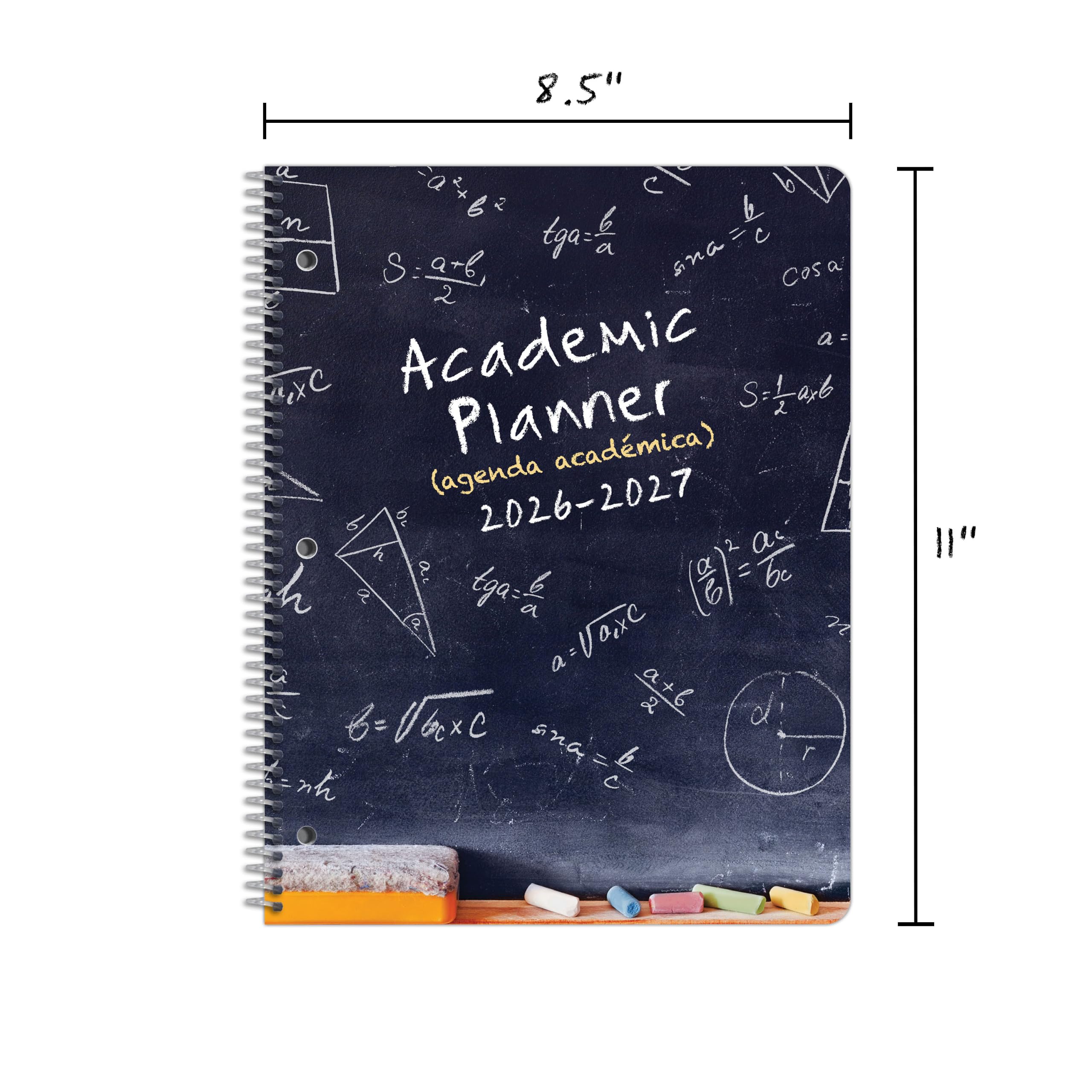 Agenda bilingüe para estudiantes de secundaria bilingüe para el año escolar académico 2026-2027, grande (8.5 x 11 pulgadas) con tapa de matriz media bilingüe clásica