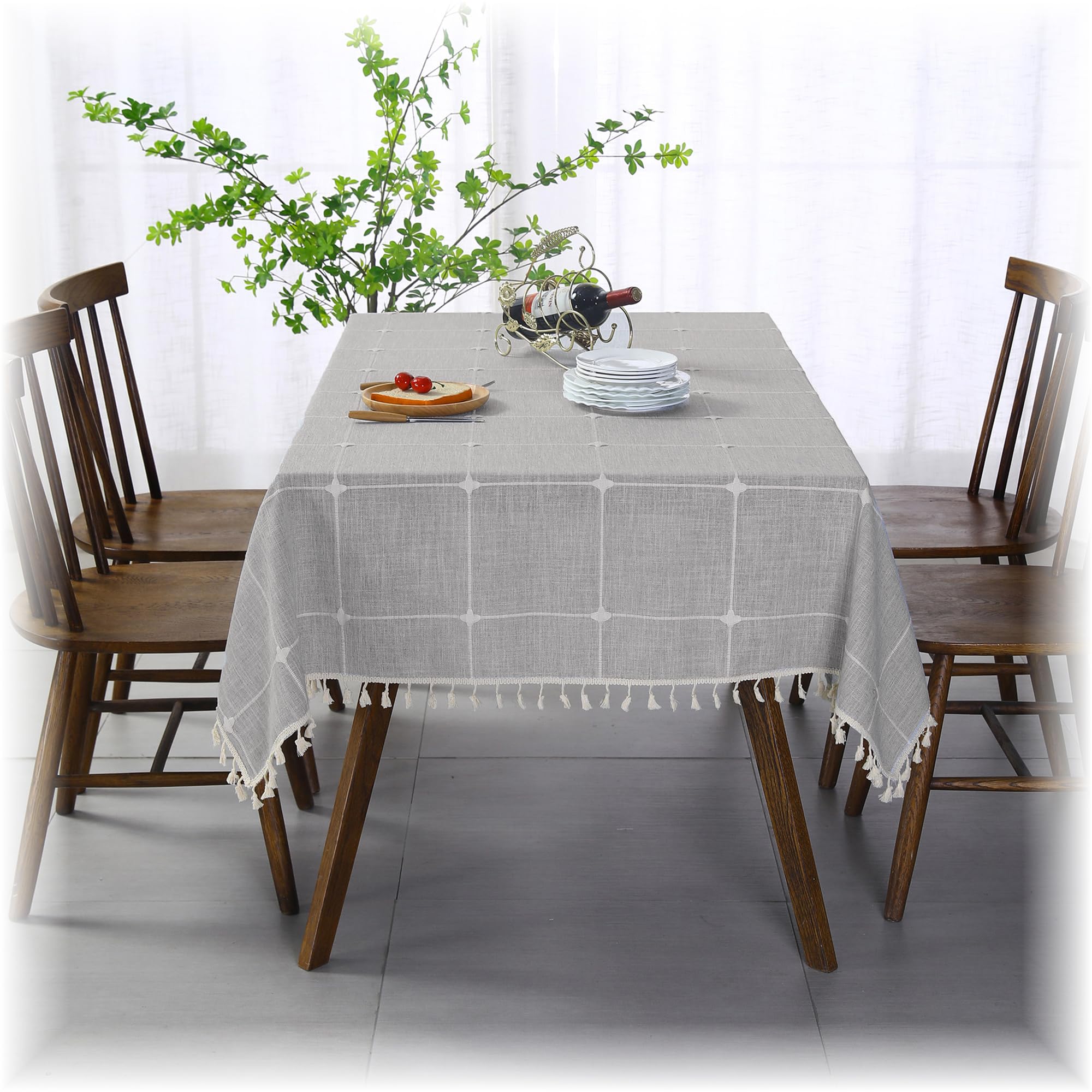 FORSOFTBODY Farmhouse Jacquard Tablecloth - Wrinkle-Free & Water-Resistant Fabric, Machine Washable with Decorative Tassels (Grey Plaids, Rectangle,55