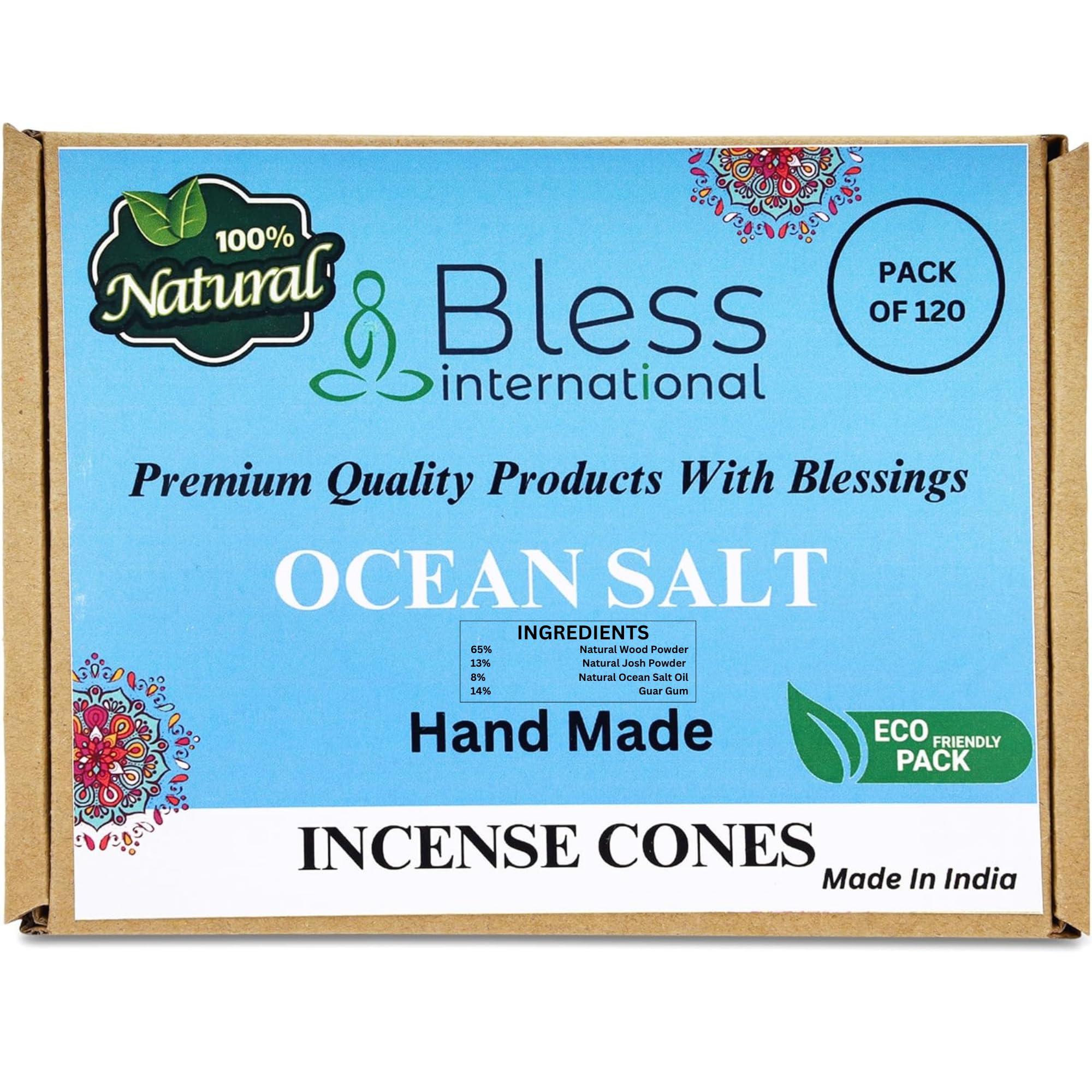 Bless International Ocean-Salt 100%-Natural-Incense-Cones Handmade-Hand-Dipped Organic-Chemicals-Free for-Purification-Relaxation-Positivity-Yoga-Meditation The-Best-scents (120 Count)