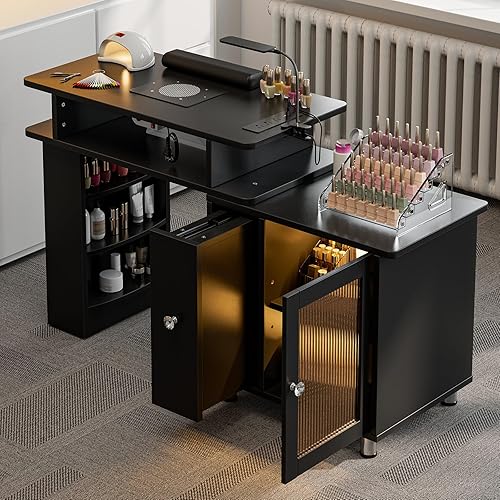 Manicure Table w/LED Light & Lamp, Nail Desk Nail Tech Table w/Dust Collector & Charging Station, Nail Station w/Acrylic Display Rack, Drawers & Glass Door Cabinet (Black)