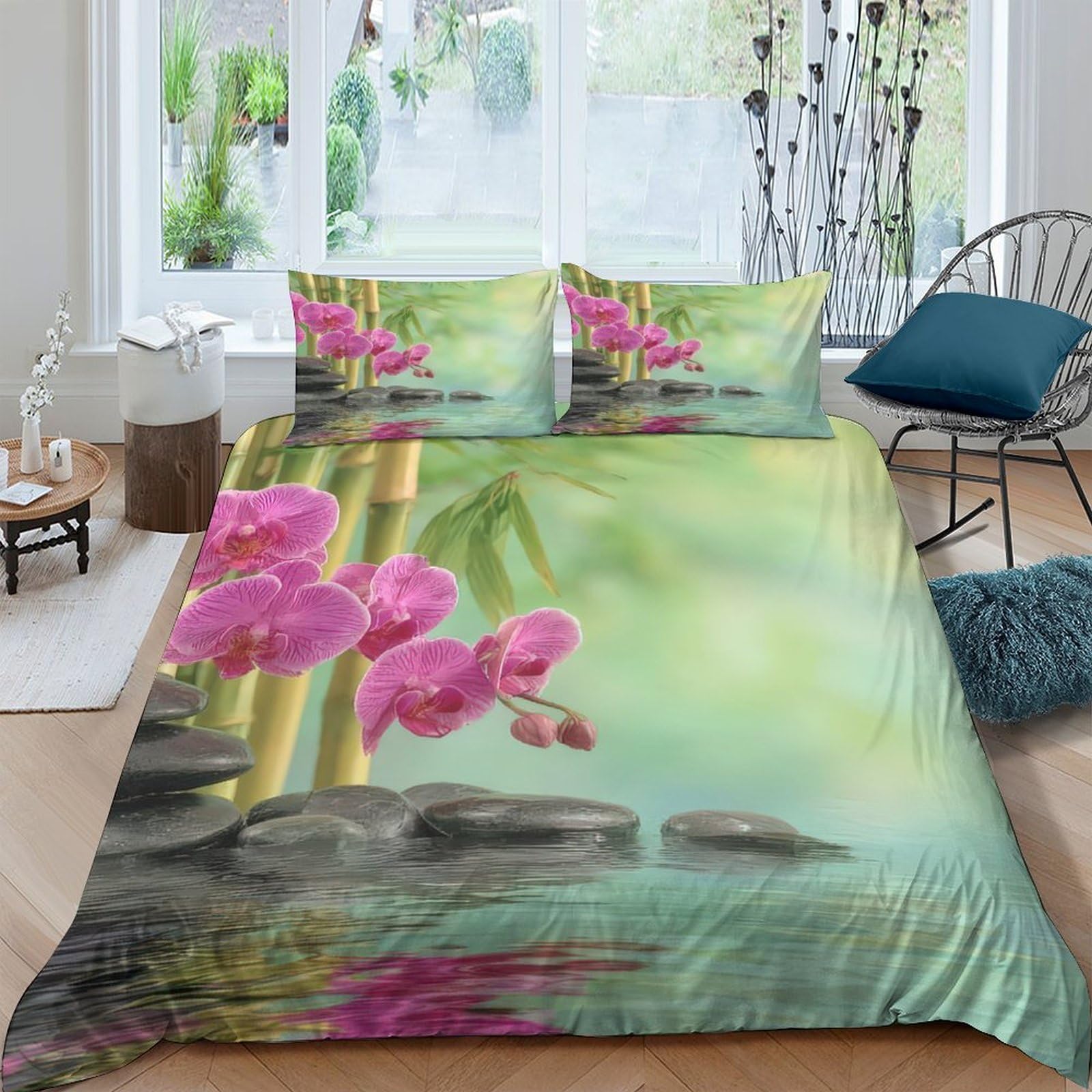 Ctjqhvkz Style-9 3D Printed Orchid Bamboo Fitted Sheet Microfiber Soft Green Zen Stones Bed Cover For Bedroom Guest Room Dorm Mattress Protection Single（135X200cm）