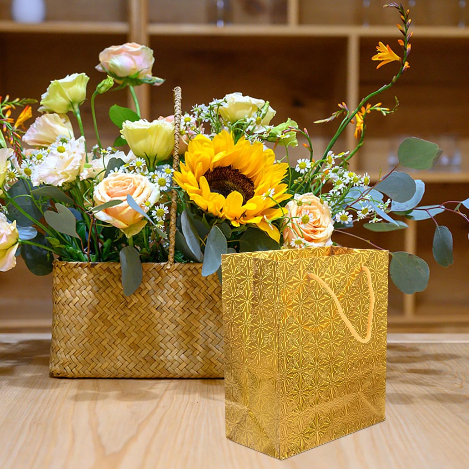 IWOWHERO 12pcs Gold Glossy Favor Bags with Handles Small Paper Bags for Party Favors Wedding Decorations and Handheld Packing Containers image 3