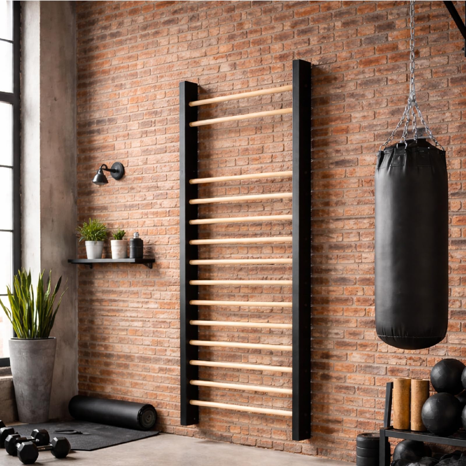 QLS Escalera de gimnasia de madera, 195 x 80 cm, de madera de haya y pino, soporta hasta 200 kg, para fitness y rehabilitación, montaje en pared