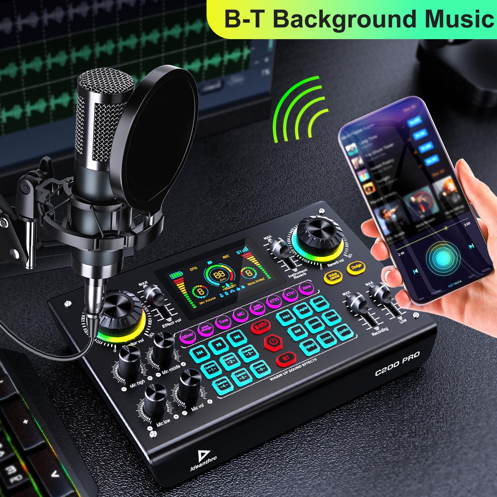 Professional Podcast Bundle with DSP Sound Card and Audio Mixer, 3.5mm Condenser Microphone for Live Streaming, Singing, Recording, and Gaming – Voice Changer, Noise Reduction