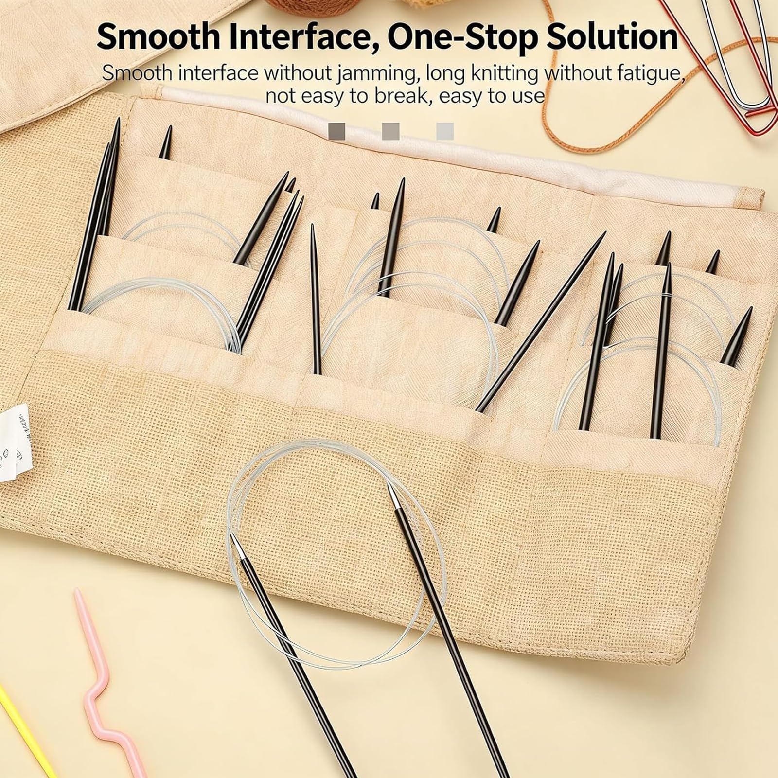 Juego de agujas de tejer circulares de palisandro, juego de 11 agujas de madera para tejer, incluye 11 agujas circulares, con bolsa de almacenamiento, suaves y flexibles, para tejer todo tipo de hilo