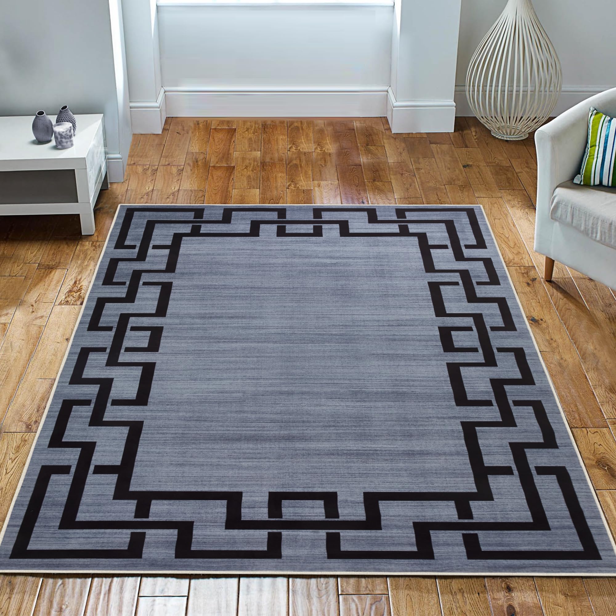 Imperial Rooms Area Rugs for Bedroom - Grey Rugs Living Room 120 x 170 Cm Modern Floor Carpet - Greek Key Style Non Shedding Super Soft Rug Easy to Clean (Nico)