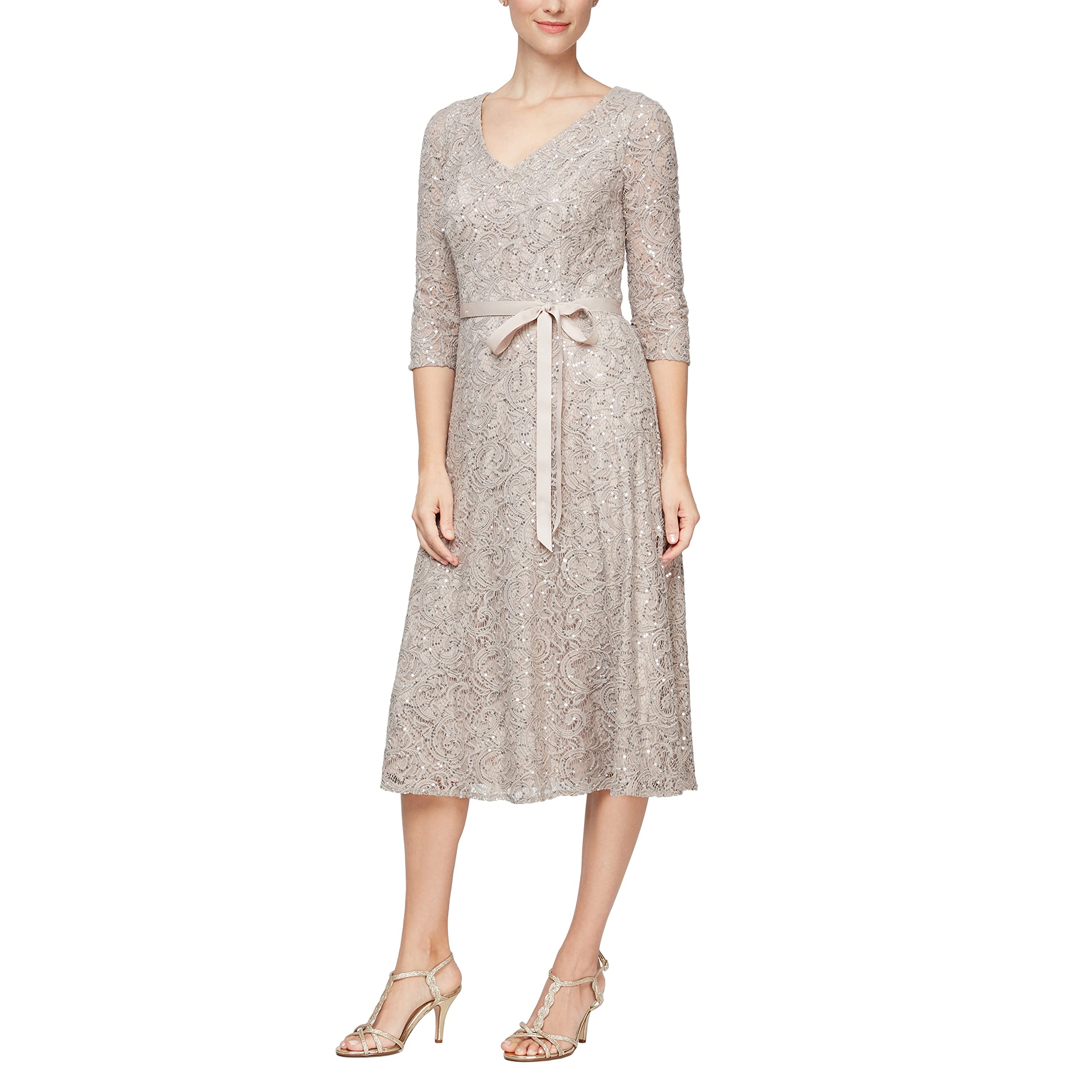 Alex Evenings Women's Tea Length Embroidered Dress Illusion Sleeves (Petite Missy), Buff, 16
