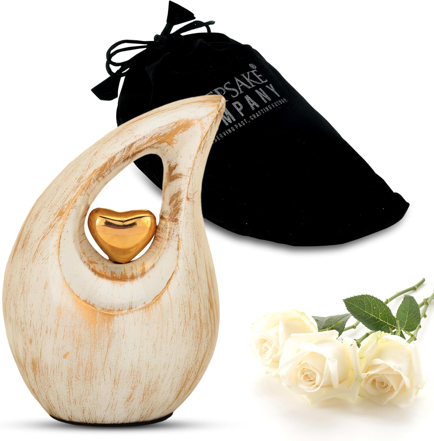 White Teardrop Small Urns for Human Ashes/Mini Urn with Sky Blue Heart/Cremation Keepsakes for Ashes/Ash Holders (White - Gold, Extra Small - EXS (3 Cu in))