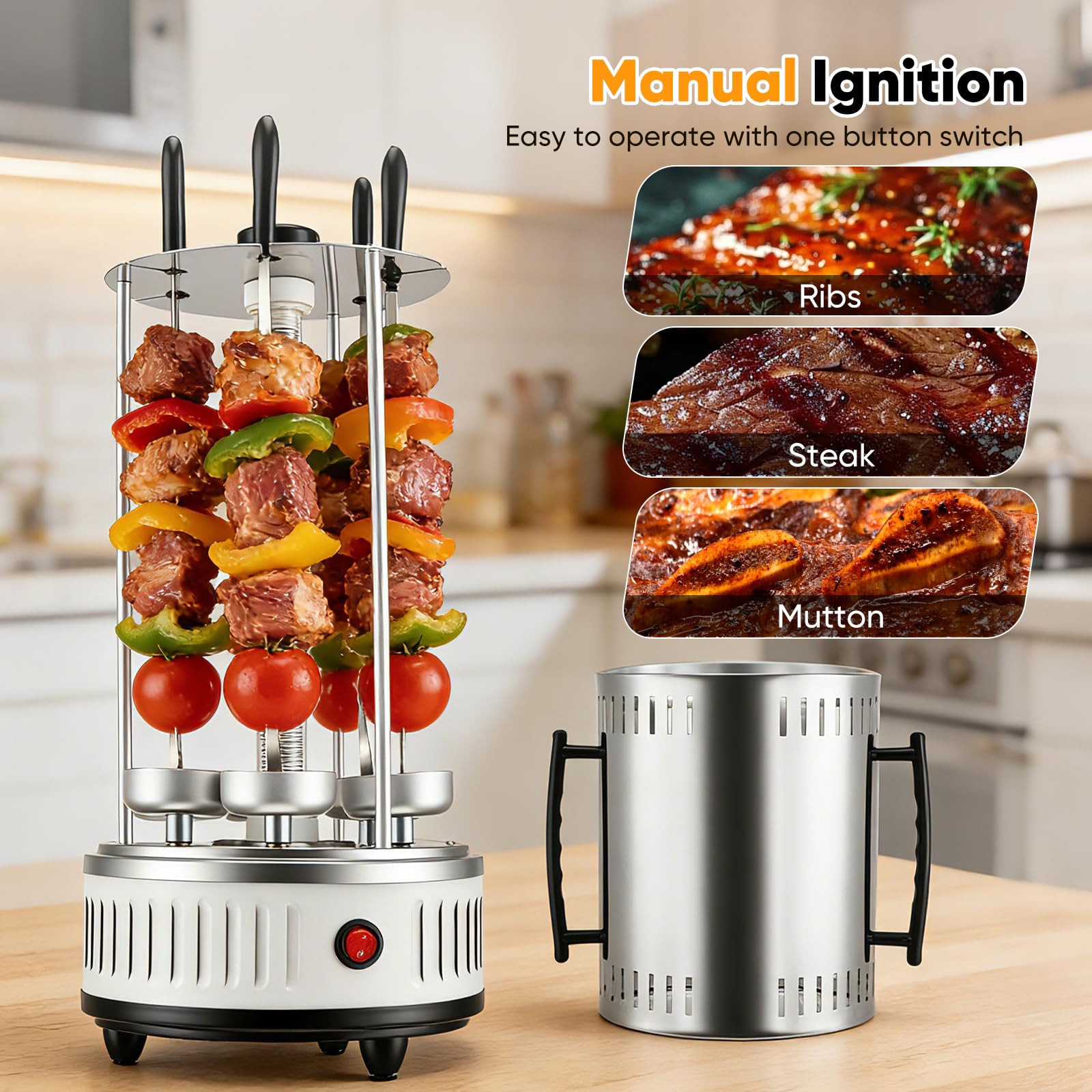 Gril électrique Vertical, Gril électrique 1000 W Shish Kebab Grill avec 6 brochettes, Gril Rotatif pour Barbecue, Gril de Table, Tube Chauffant en Verre amélioré pour la Maison, Le Jardin