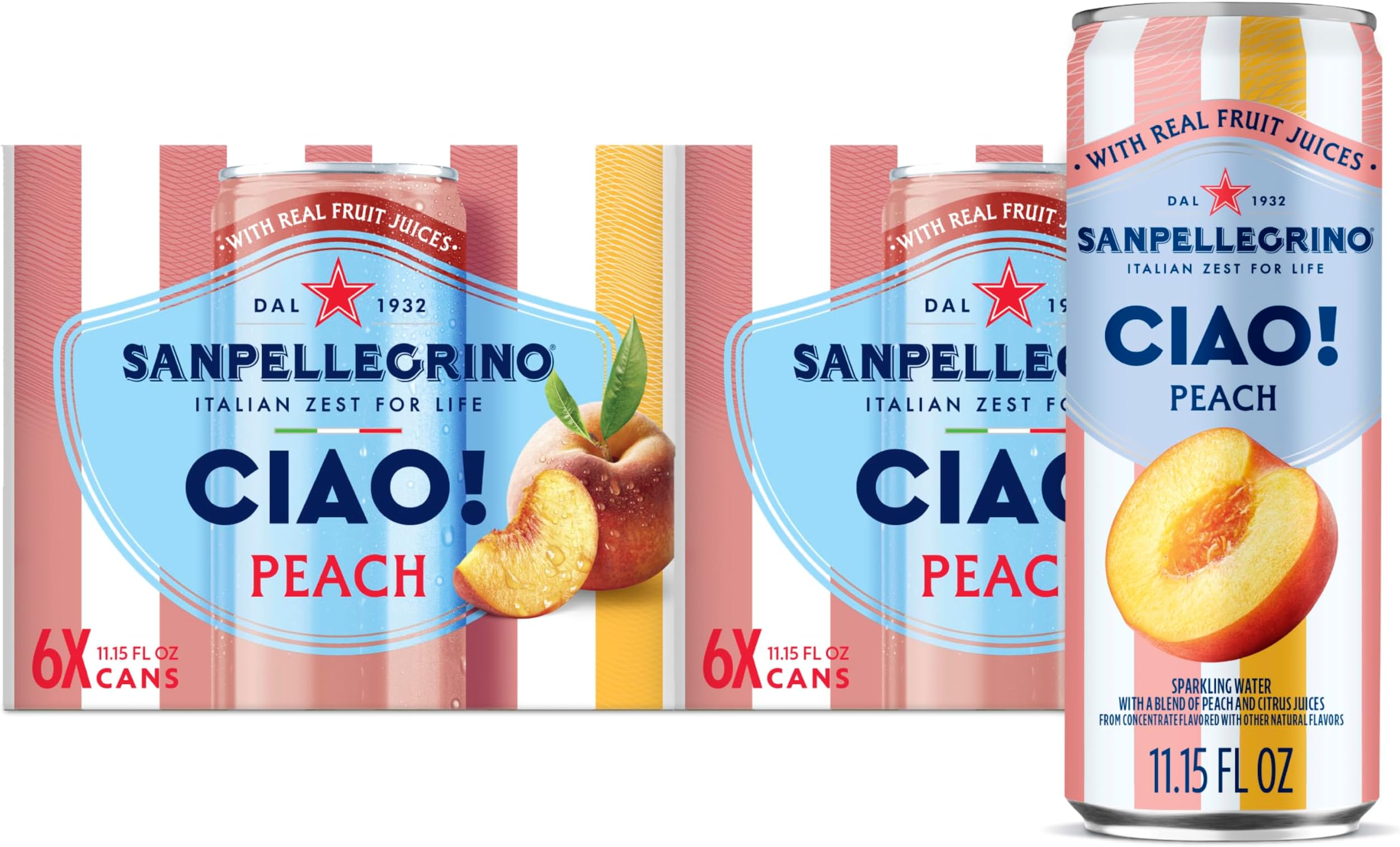 Sanpellegrino CIAO Peach Sparkling Water, Real Fruit Juice, 24 Pack
