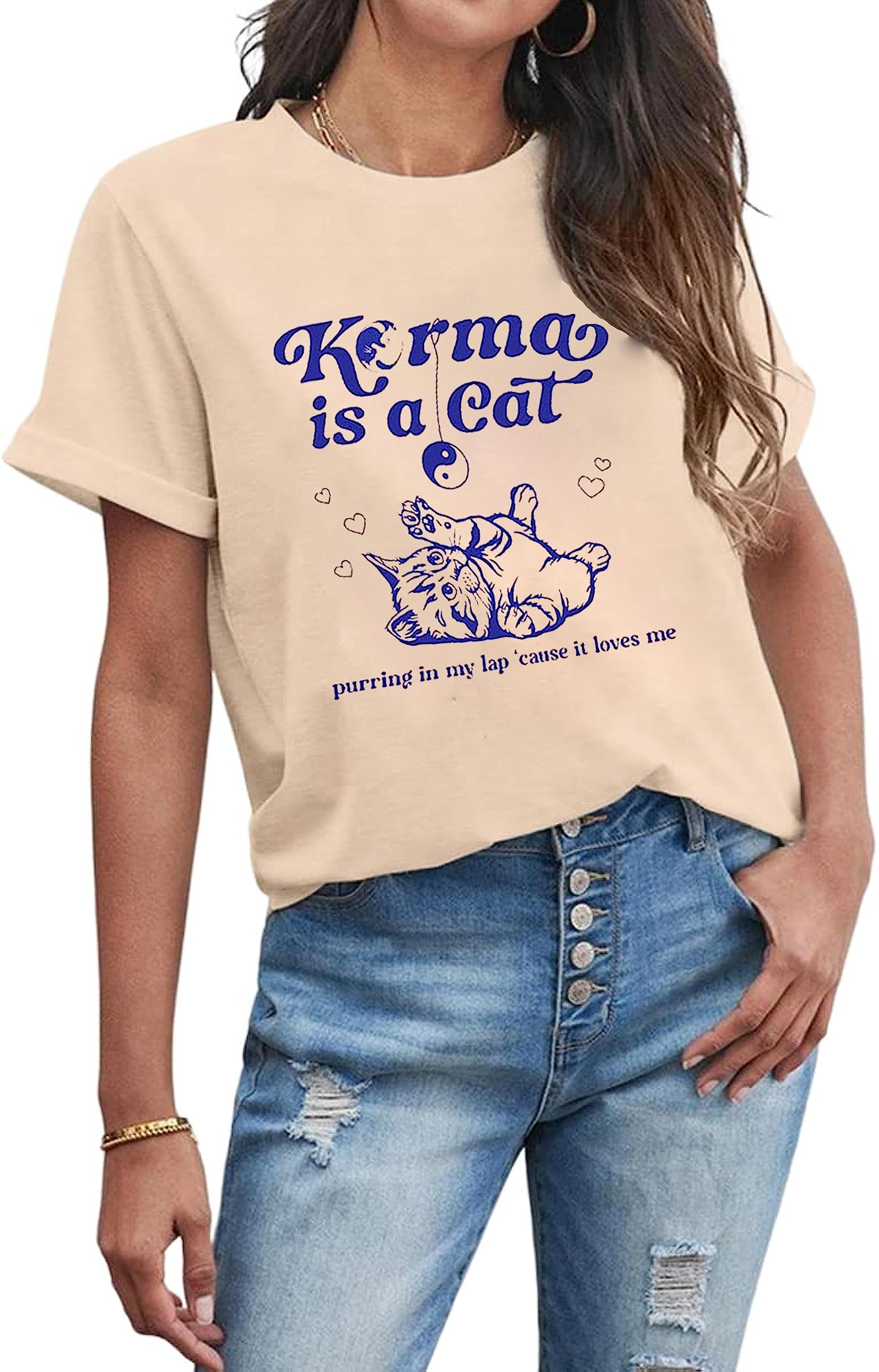 SNYUMEGKarma is Cat Shirts for Women Cat Lover Tshirt Music Lover Shirts Country Concert Tops Fans Gift Casual T-Shirt